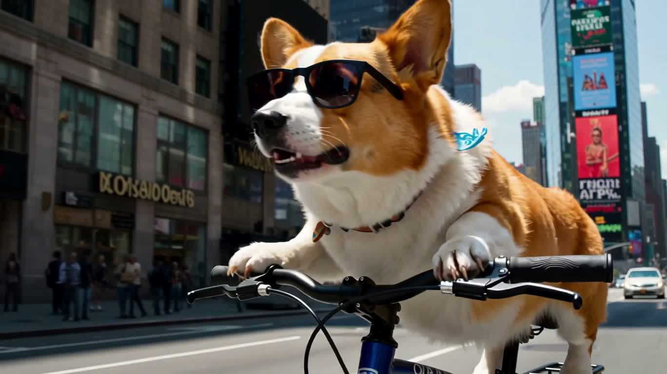 Corgi đạp xe qua Quảng trường Thời đại — AI video creation