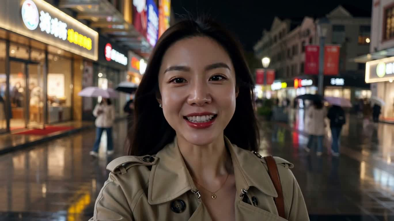 雨夜霓虹街头自拍 — AI video creation