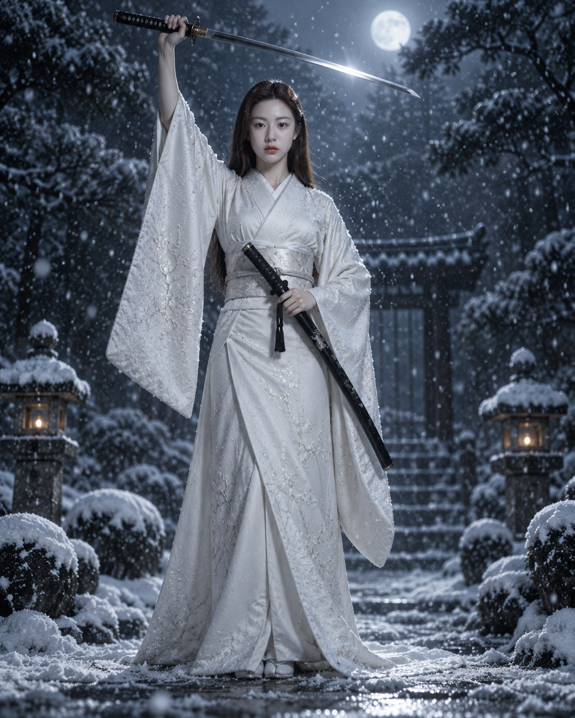 雪夜白刃：静默女武士的致命优雅 — AI image creation