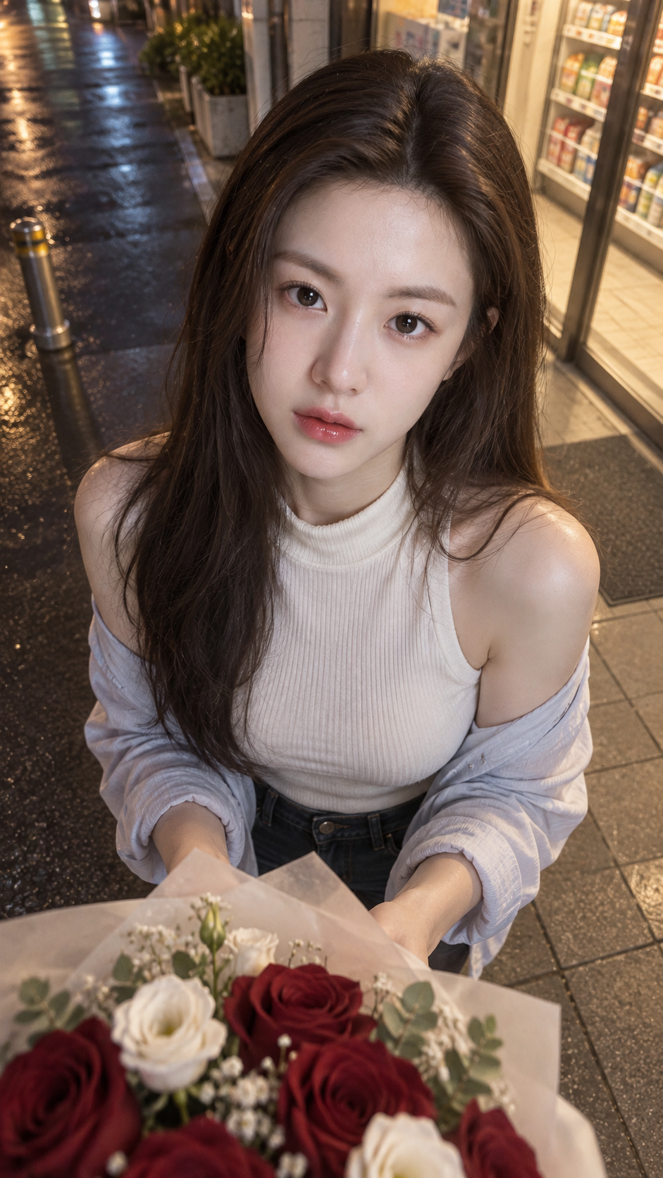 真实质感深夜街头第一视角送花成人女性人像 — AI image creation