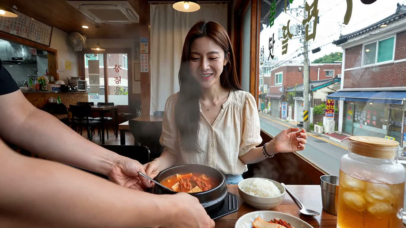 창가에서 즐기는 한국식 김치찌개 점심