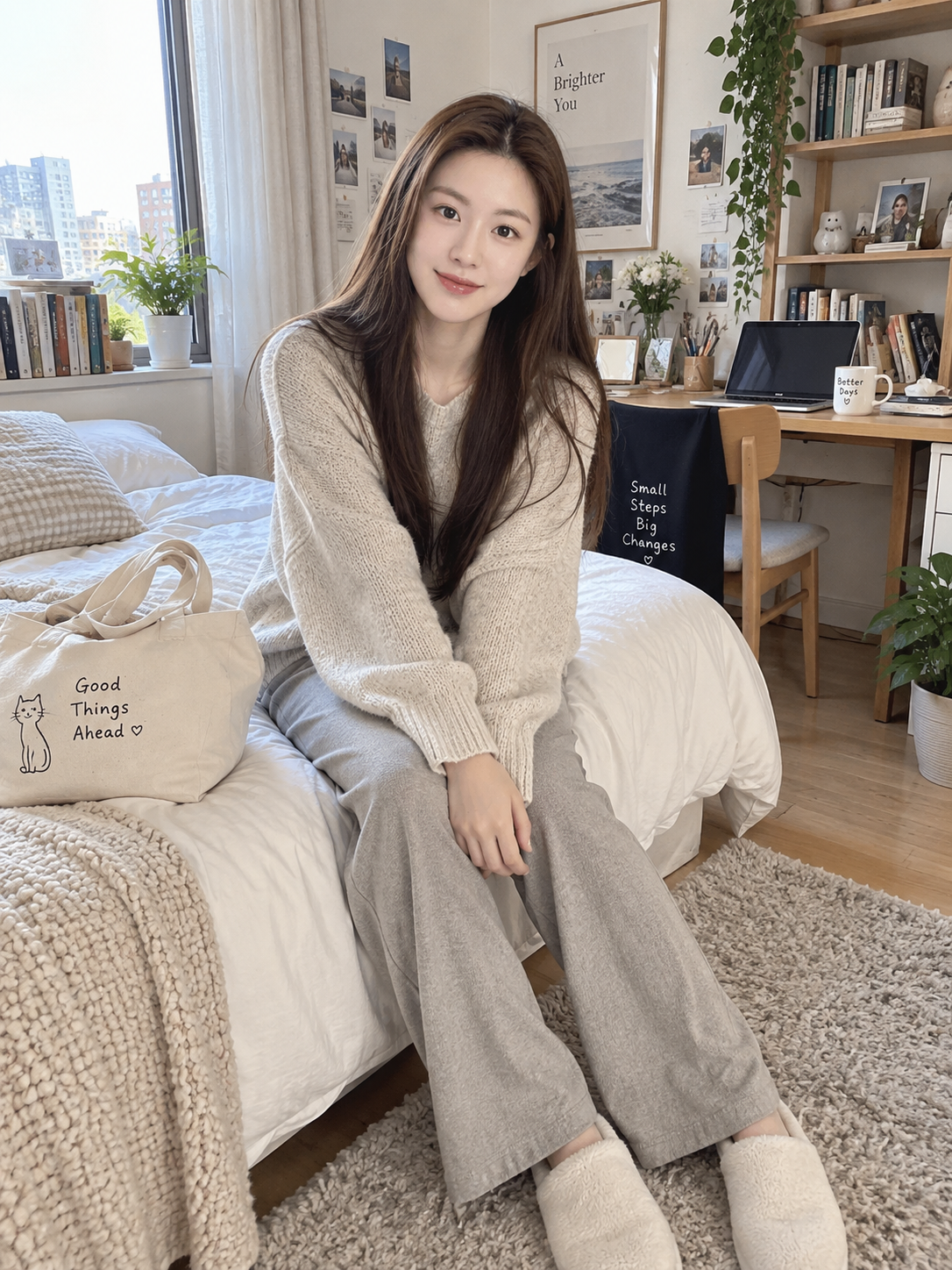 舒适公寓卧室中的成年女性生活快照 — AI image creation