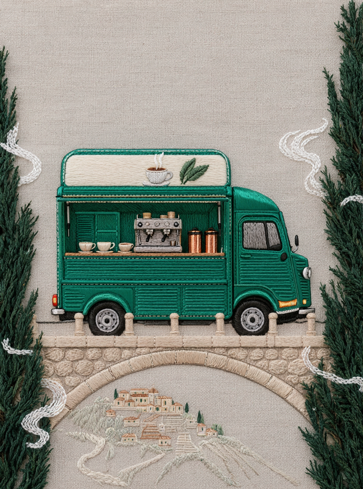山间咖啡车 · 刺绣织物 — AI image creation