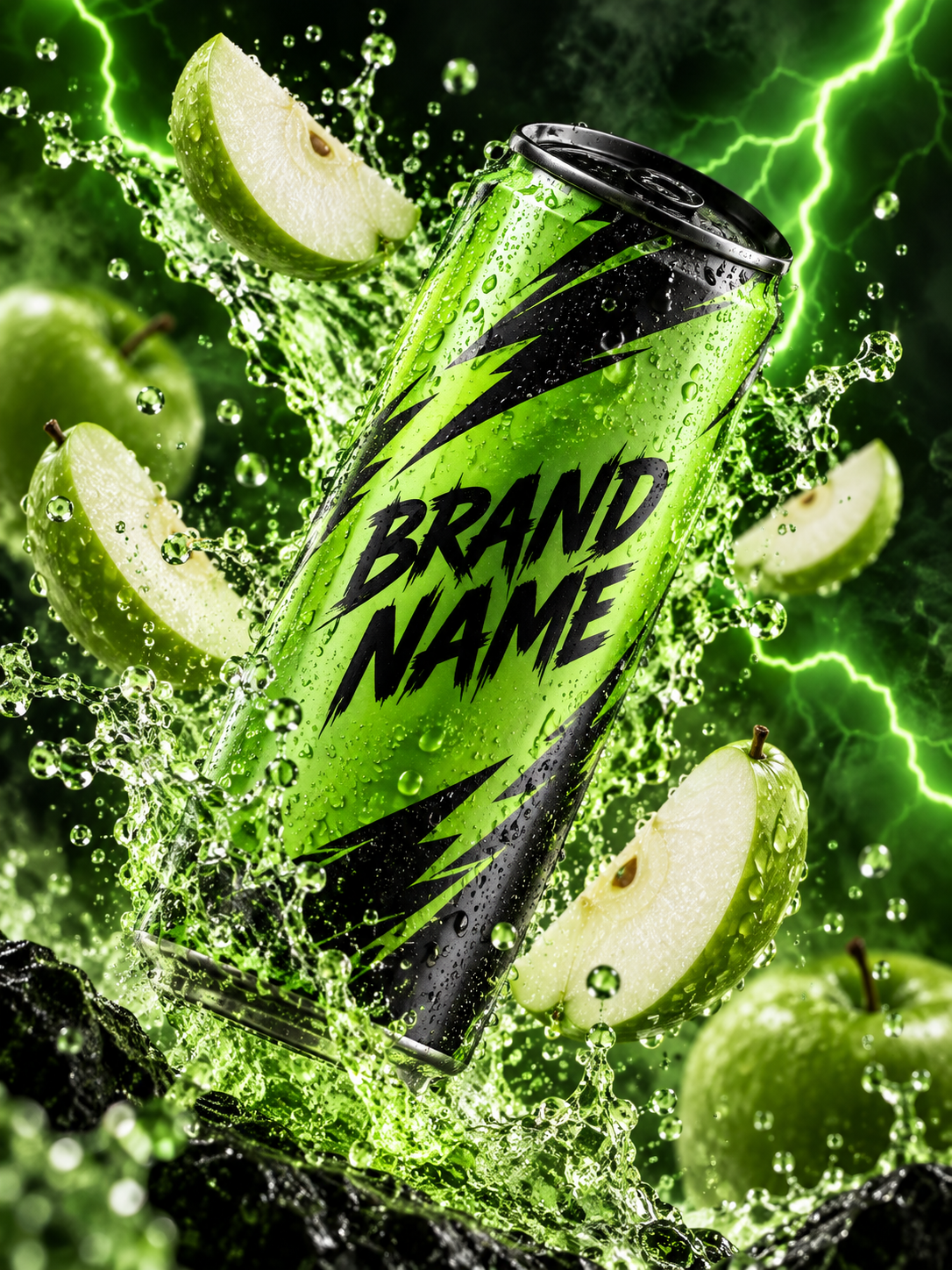 霓虹青苹果能量饮料炫酷飞溅海报 — AI image creation