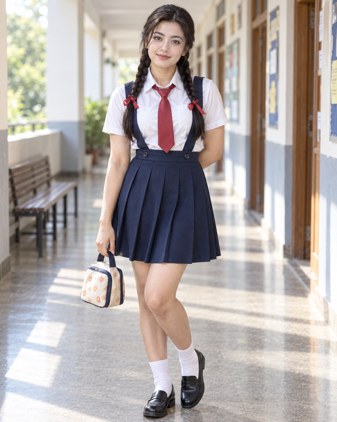 红丝带双辫与午餐包的成人学院风人像
