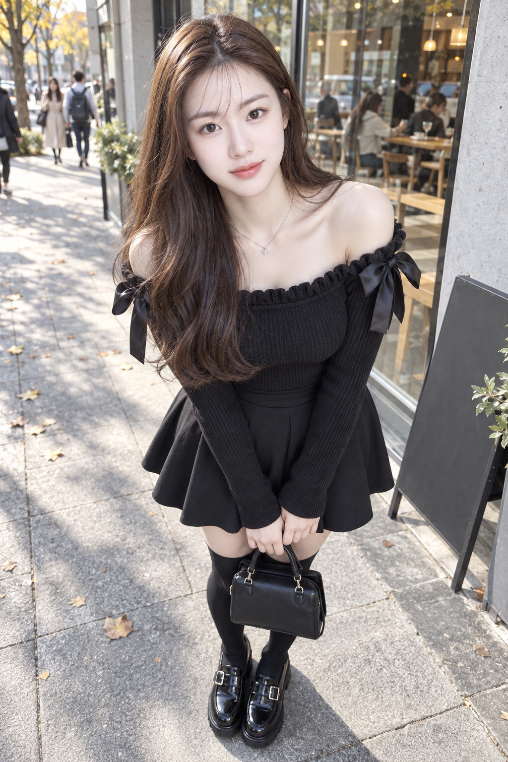 カフェ街で黒いファッションの成人日本人女性の全身写真