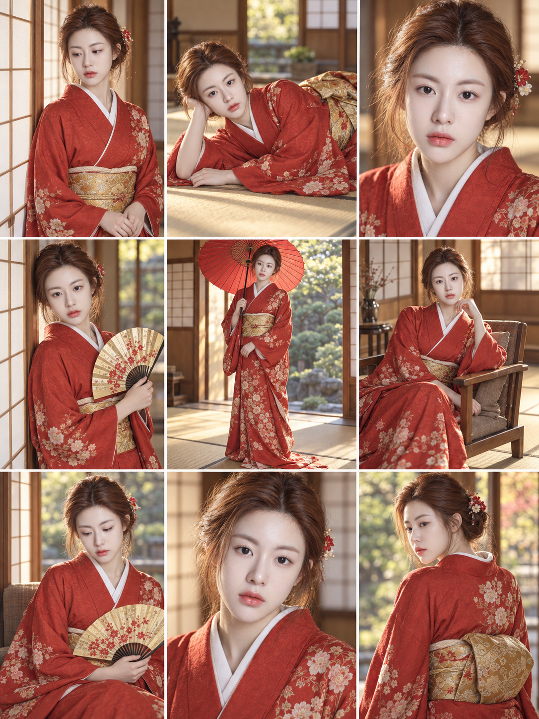 和室暖阳红色和服九镜头人像组图 — AI image creation