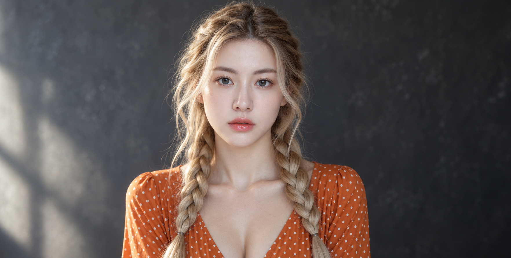金发双辫成年女性电影感人像 — AI image creation