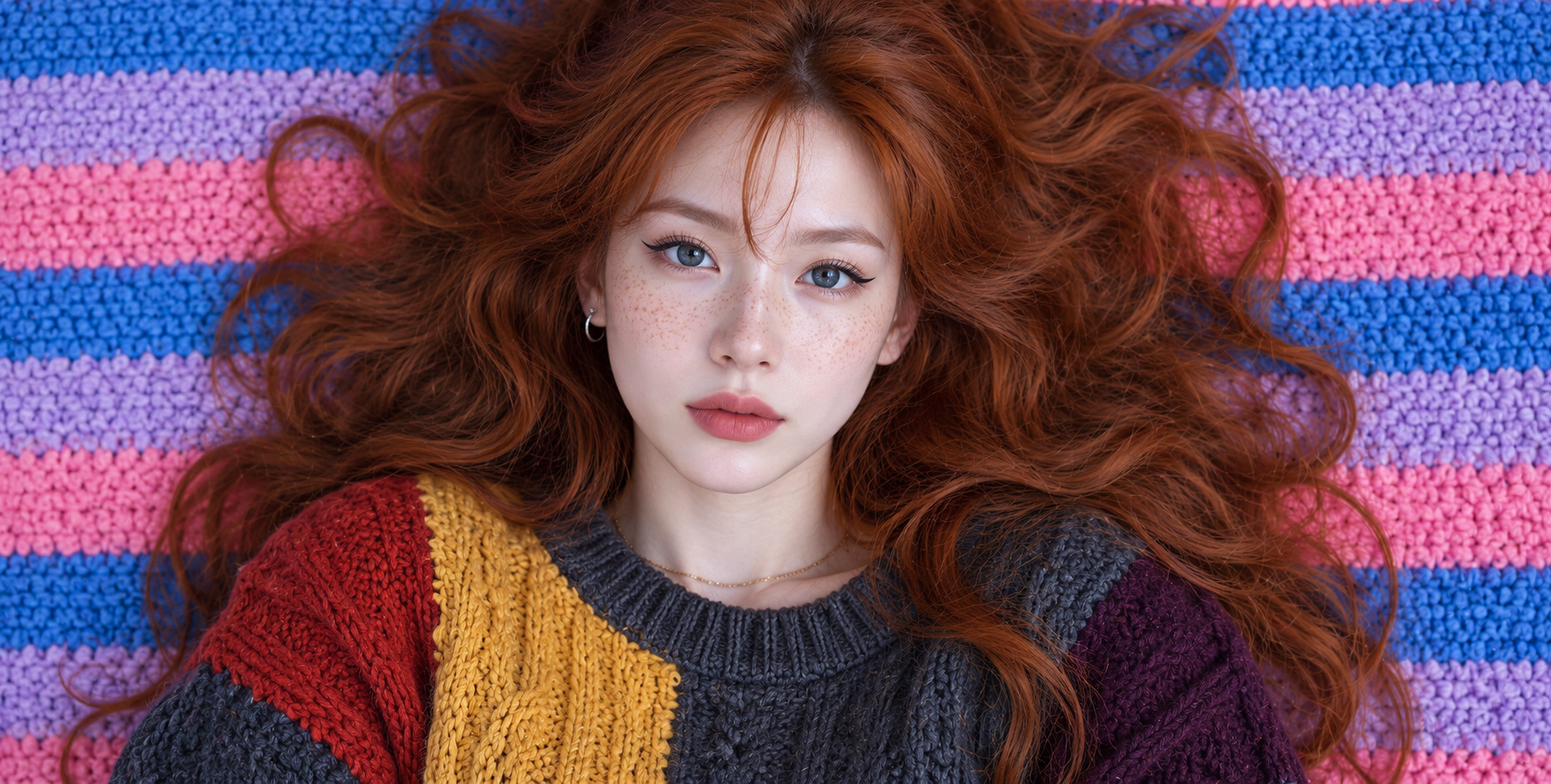 彩虹针织毯上的红发雀斑成年女性 — AI image creation