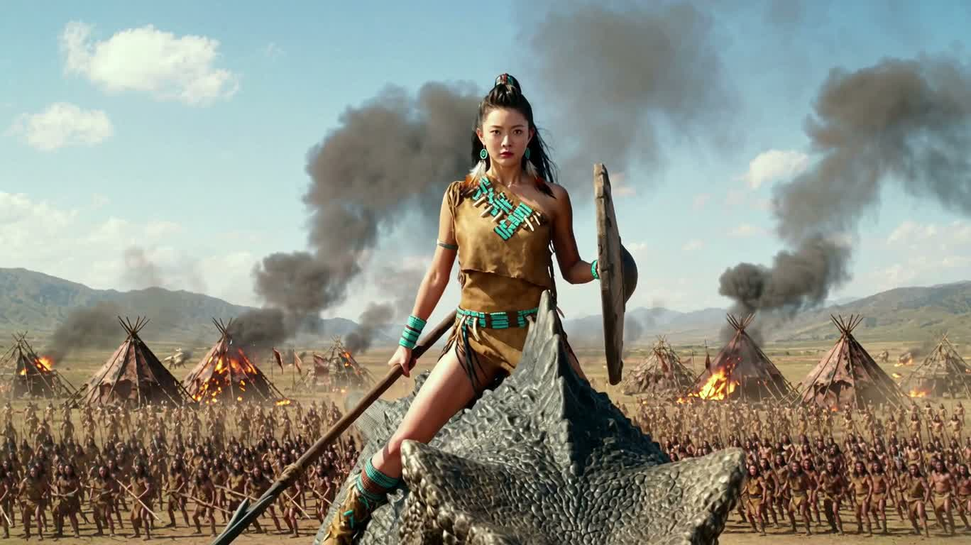白昼战场上的恐龙女战士 — AI video creation