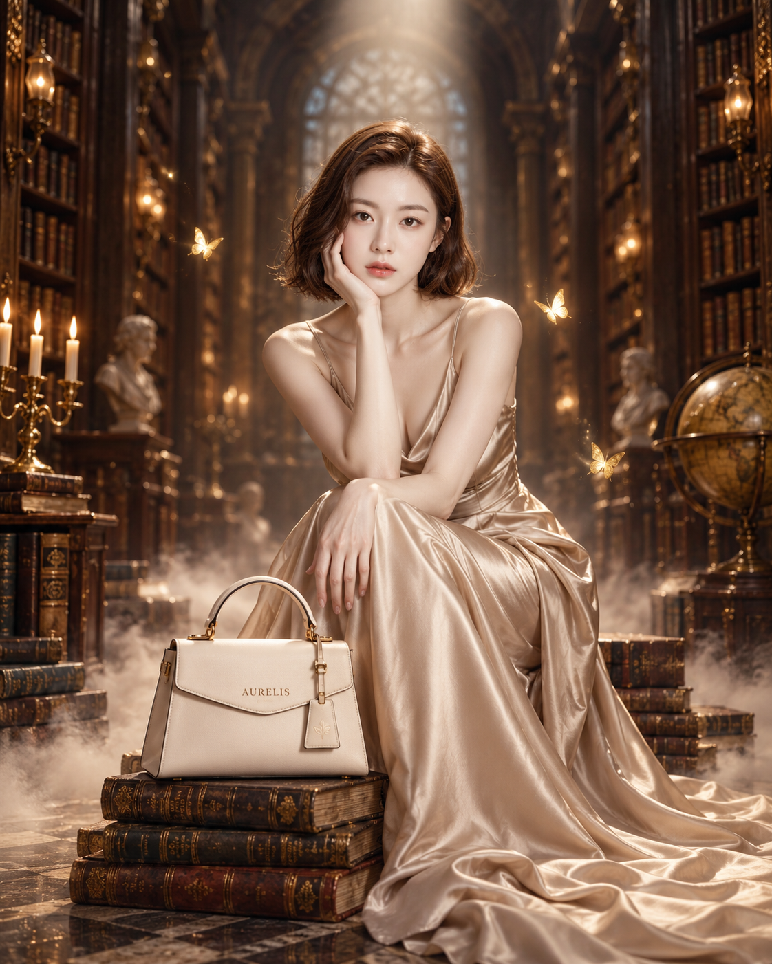 复古图书馆的原创奢华时尚大片 — AI image creation