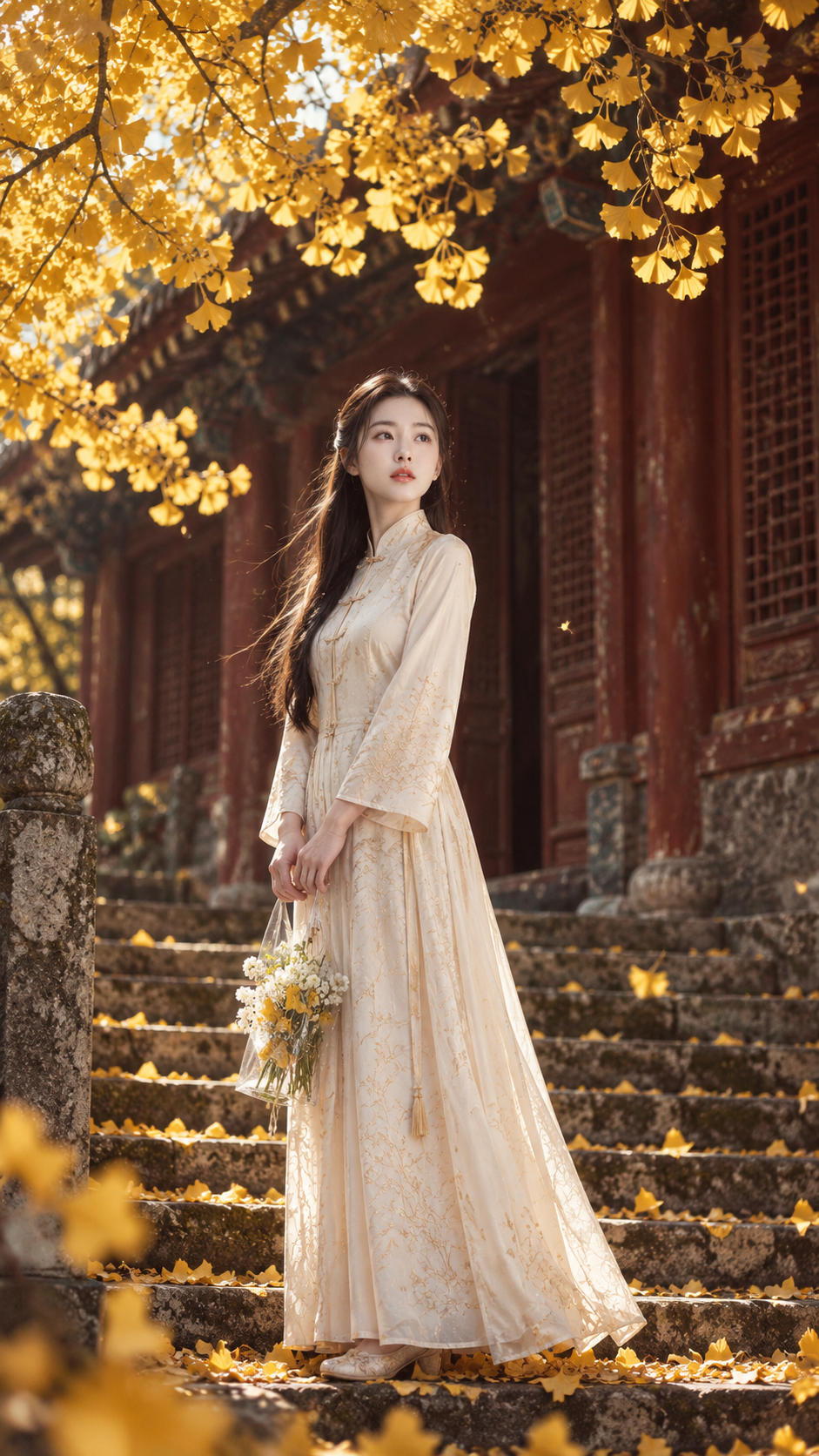 Vẻ đẹp phương Đông trong ánh sáng và bóng tối của kiến trúc cổ và cây bạch quả Tân Trung Hoa