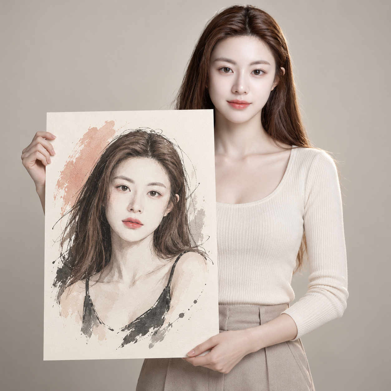 동일 인물의 아트 포스터를 든 스튜디오 인물 사진