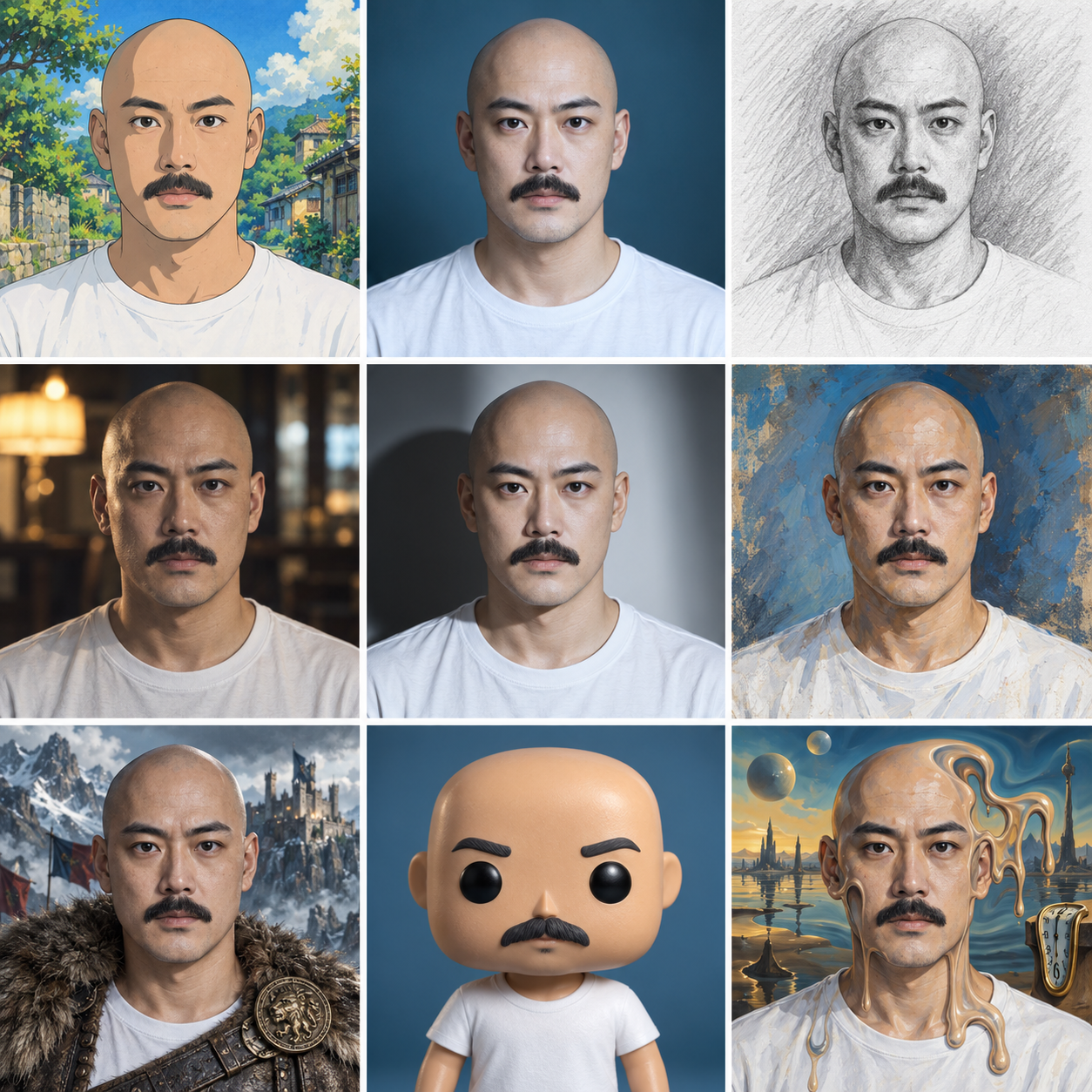 Exploration de styles en grille de neuf pour un même personnage