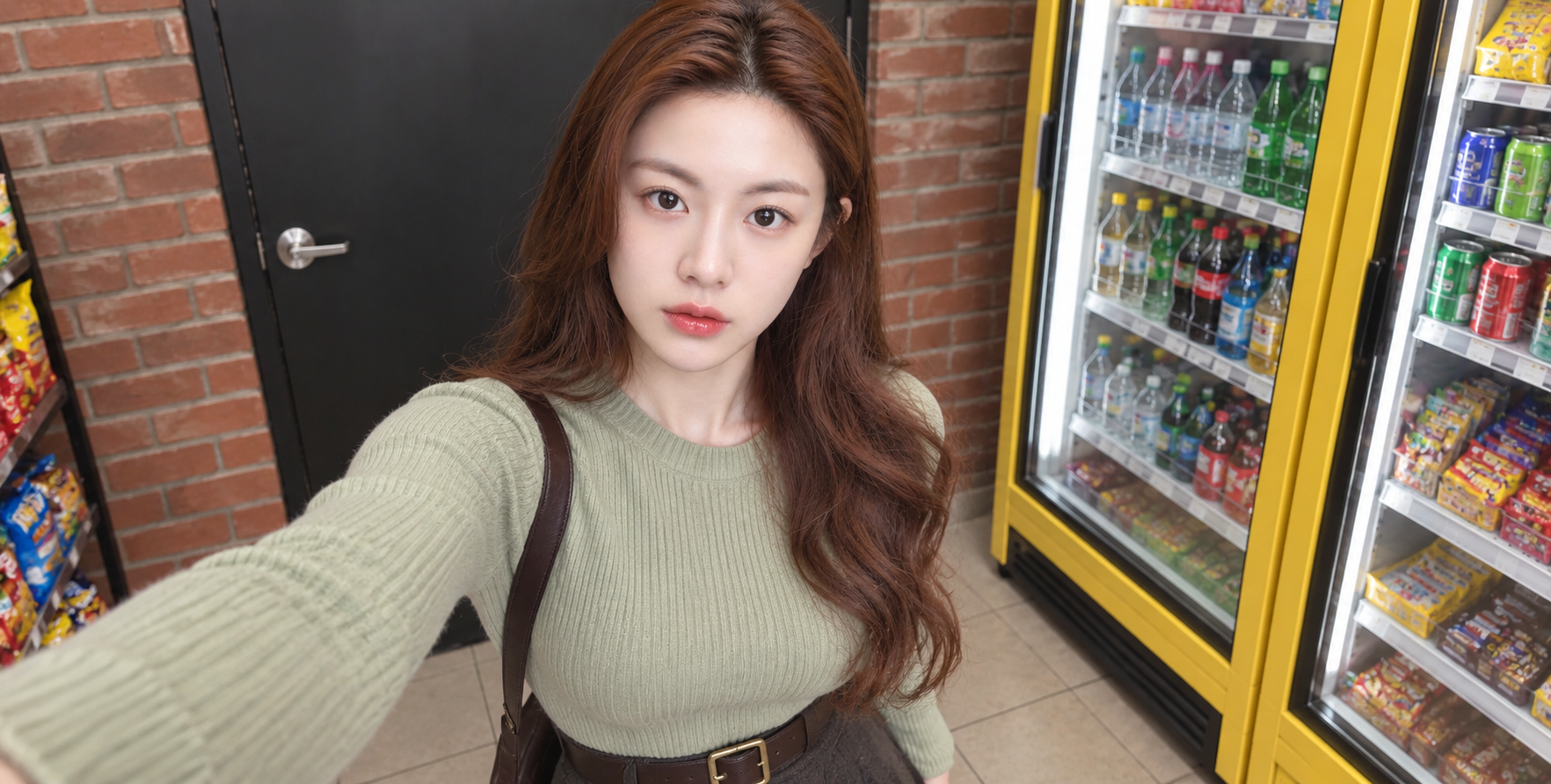 红发成年女性便利店随性时尚自拍 — AI image creation
