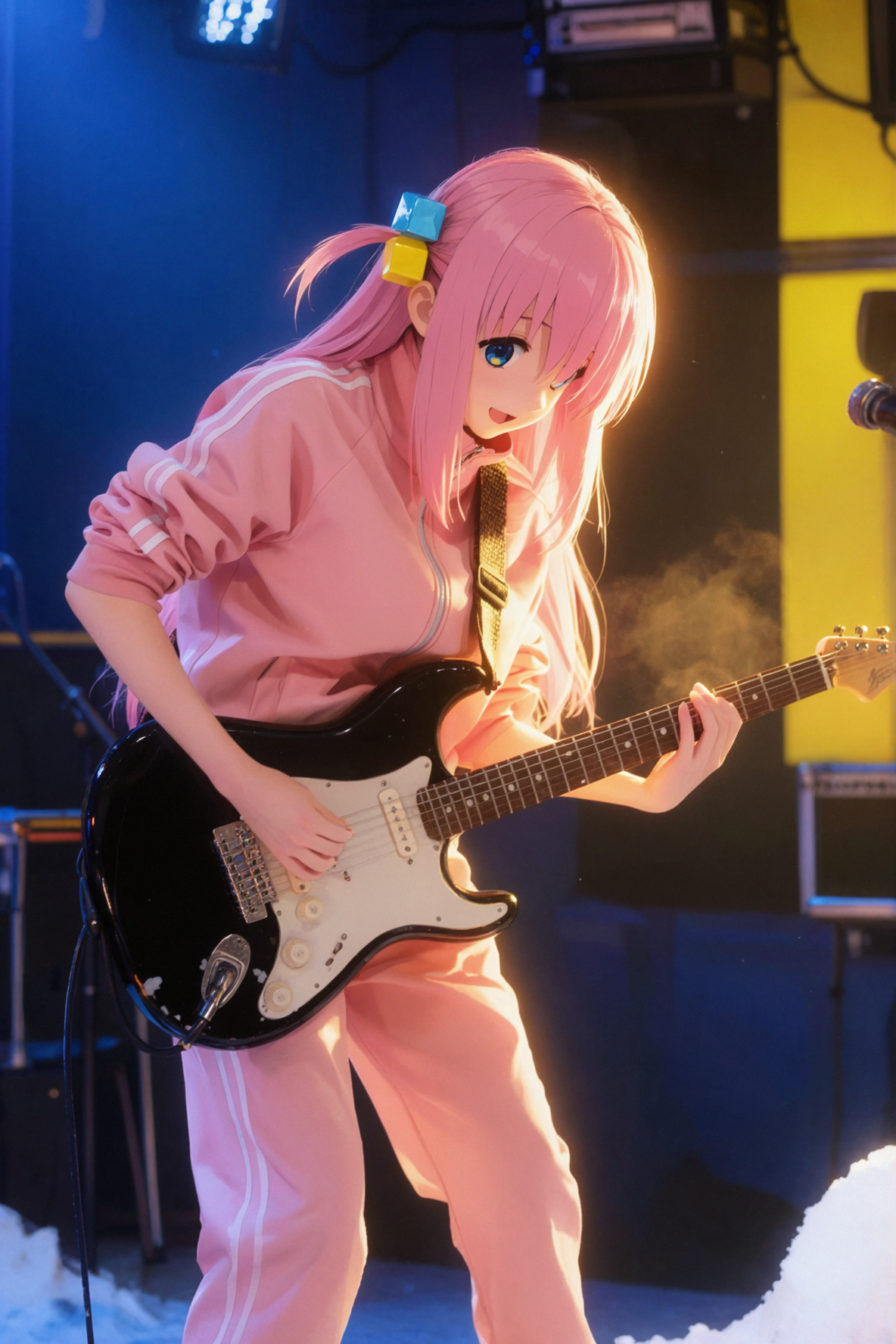 後藤ひとり・ピッキングの頂点・金色の逆光 — AI image creation