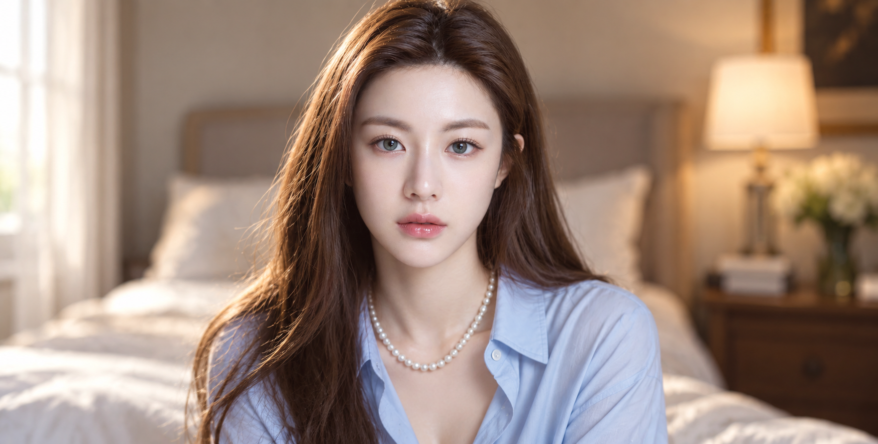窗前蓝绿色眼睛成年女性超写实特写 — AI image creation