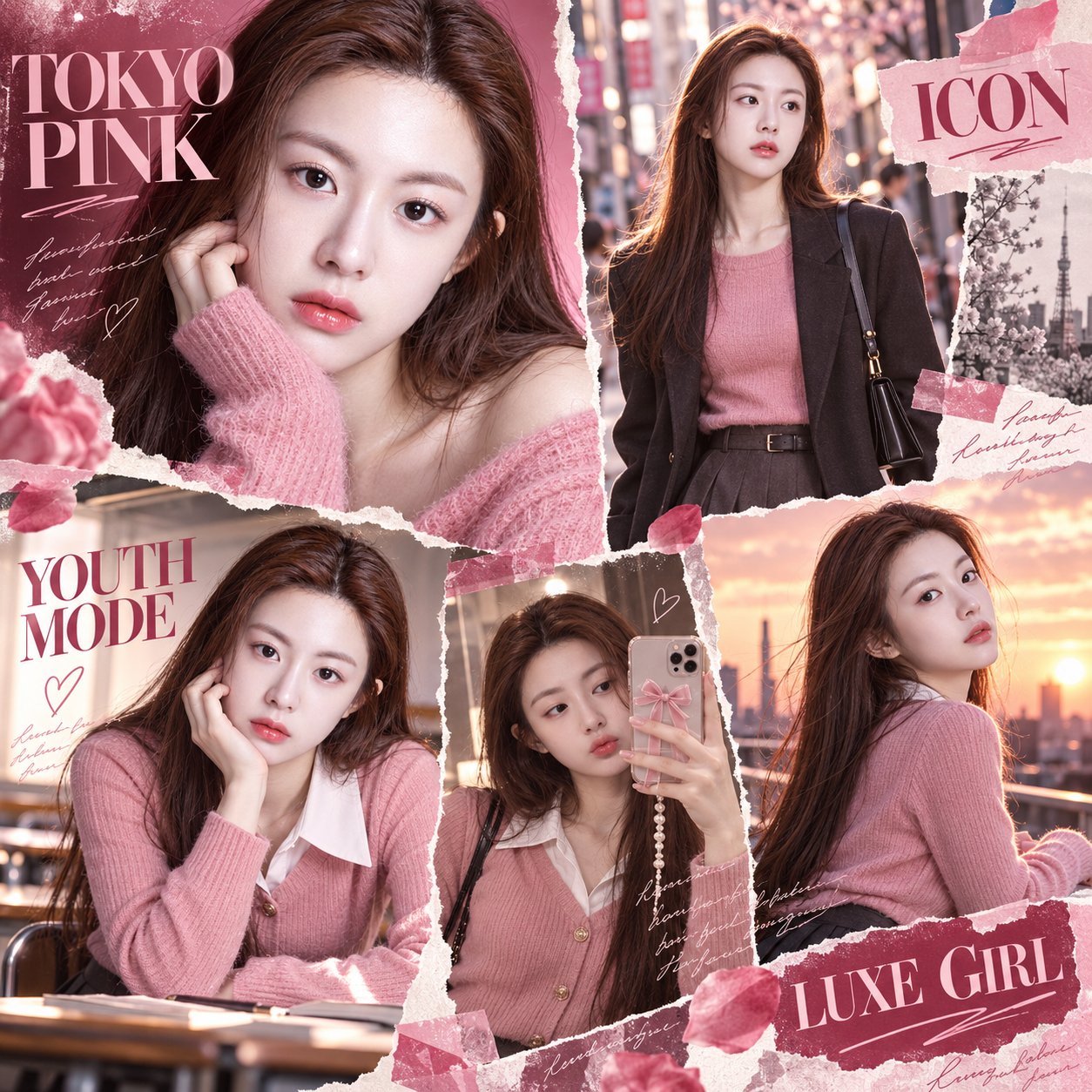东京粉色时尚成年女性杂志拼贴 — AI image creation