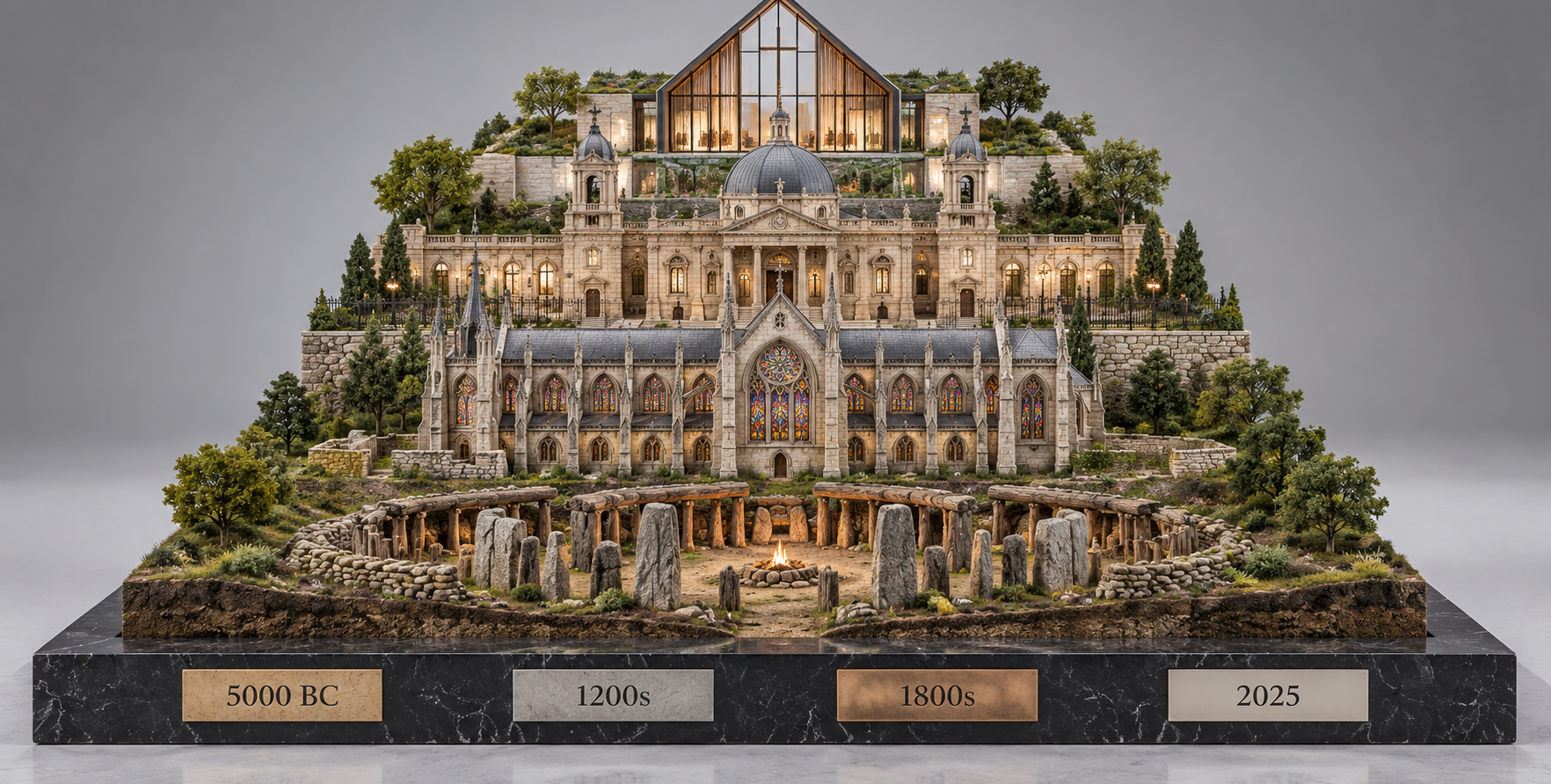 宗教建筑的四时代分层透视模型 — AI image creation