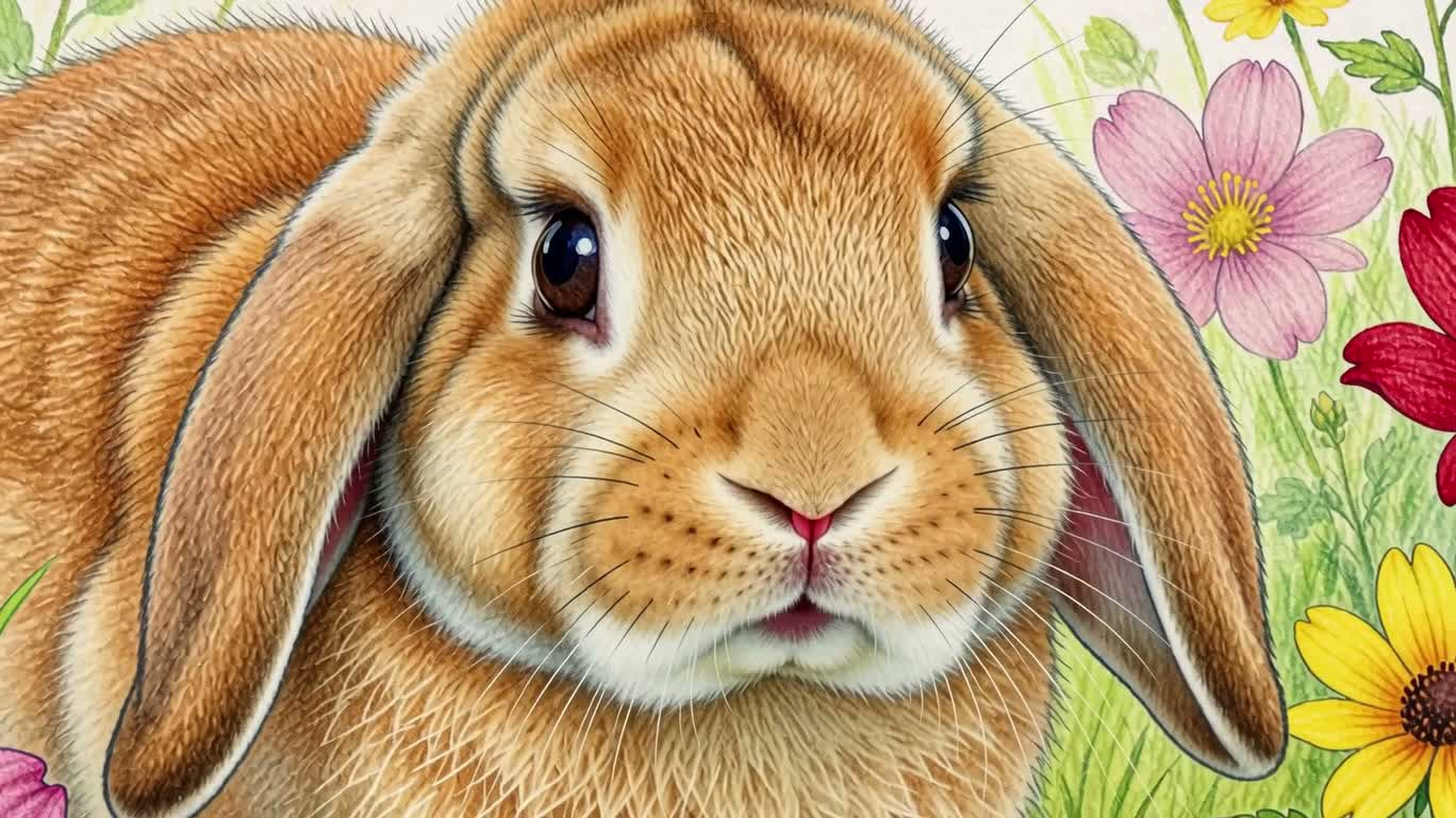 Lapin aux oreilles tombantes parmi des fleurs au crayon de couleur — AI video creation