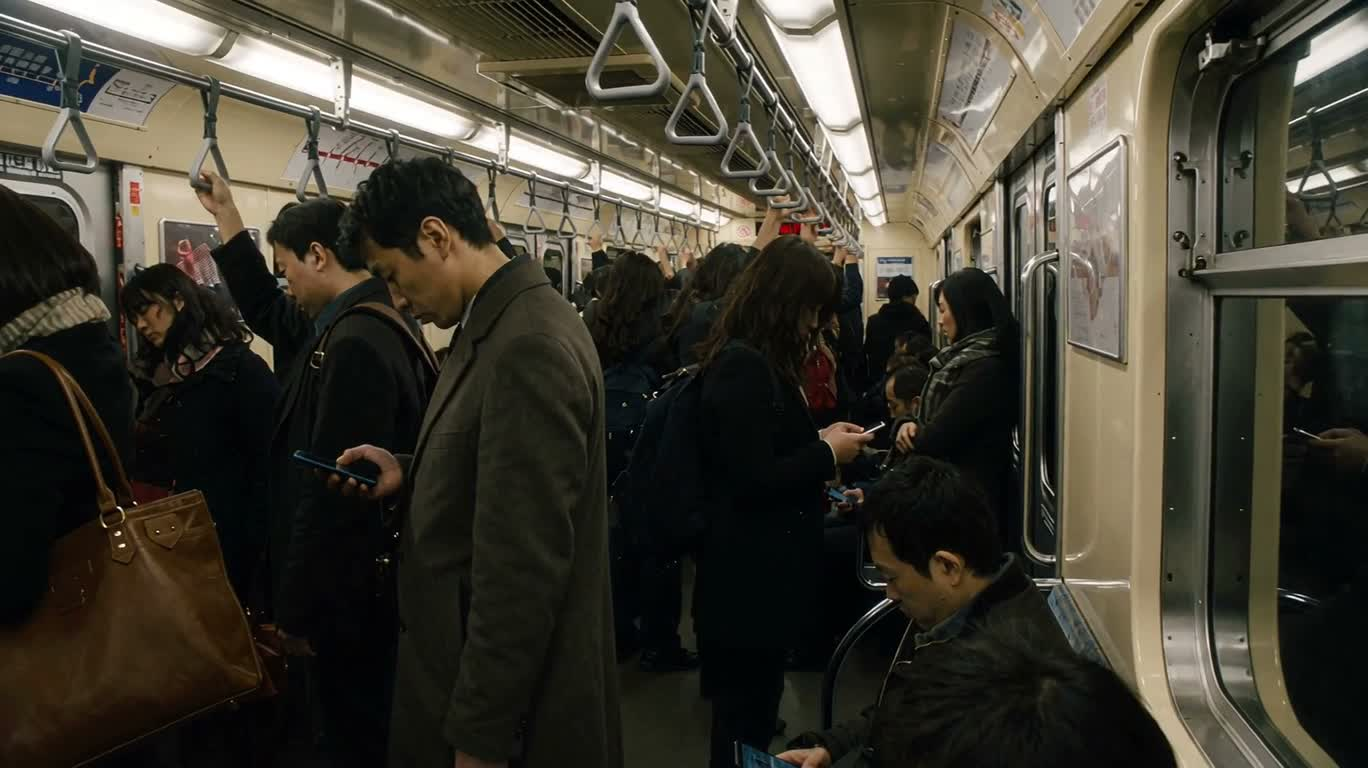 ラッシュアワーの地下鉄車内 — AI video creation