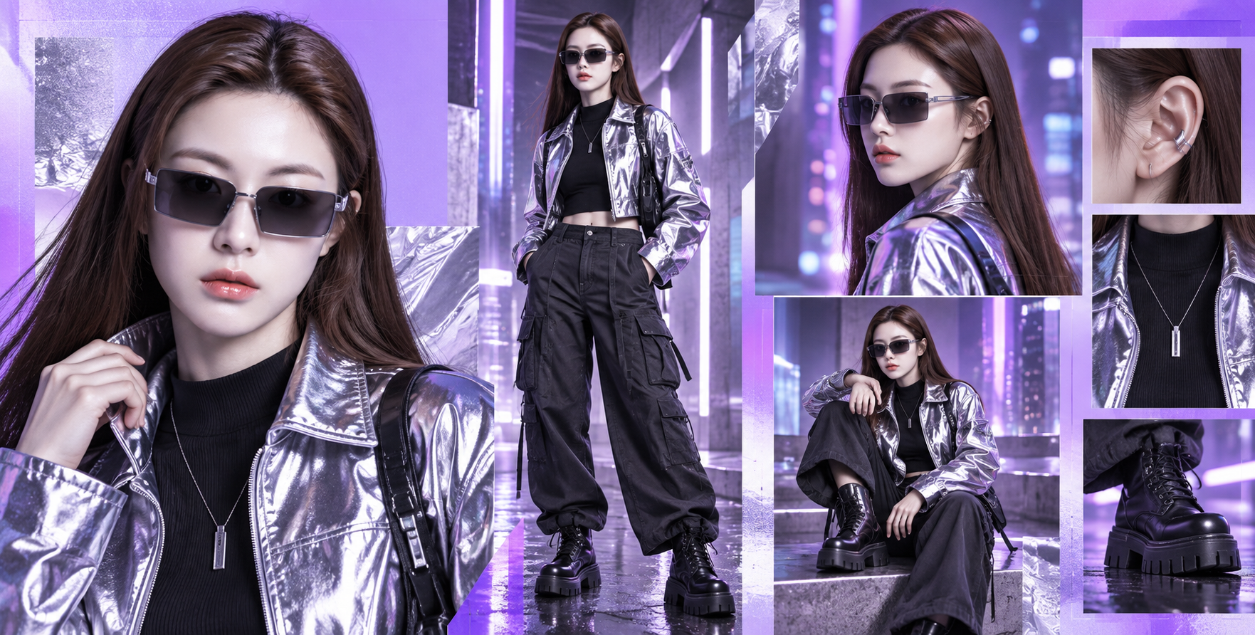 成年女性未来紫色韩系街头时尚拼贴 — AI image creation