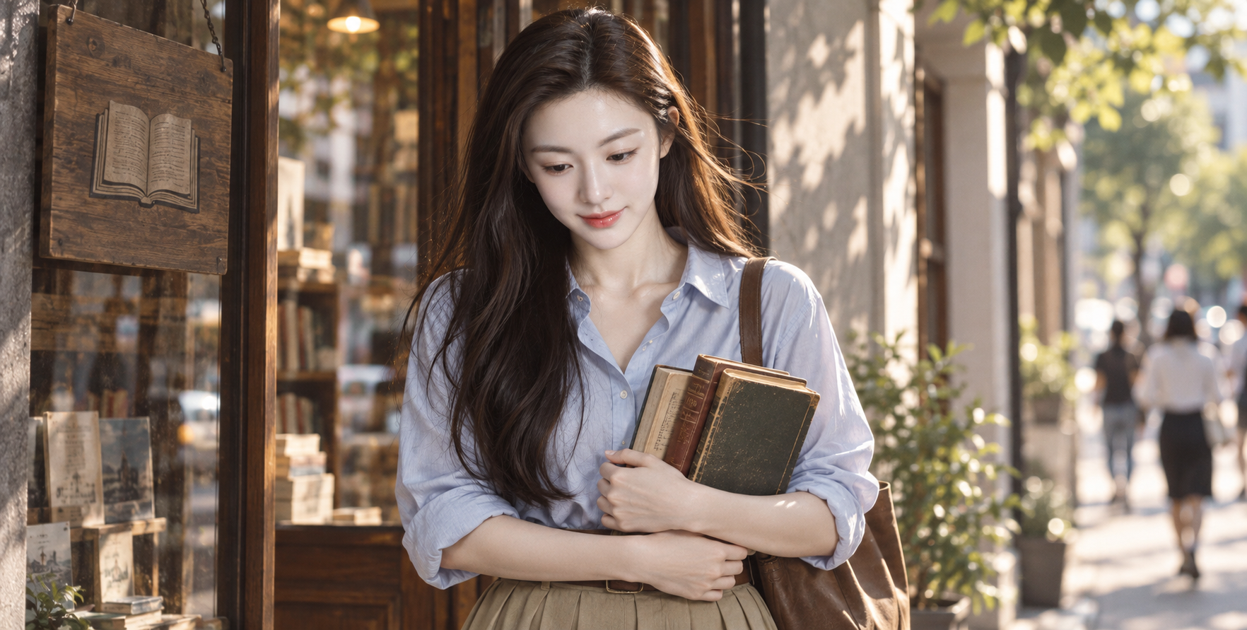 书店门口抱书的亚洲年轻女性 — AI image creation