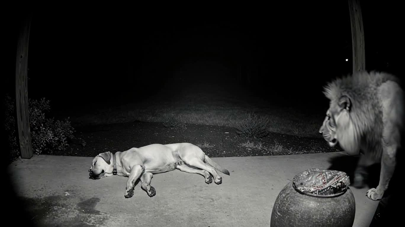 暗視カメラの獅子と犬の出会い — AI video creation