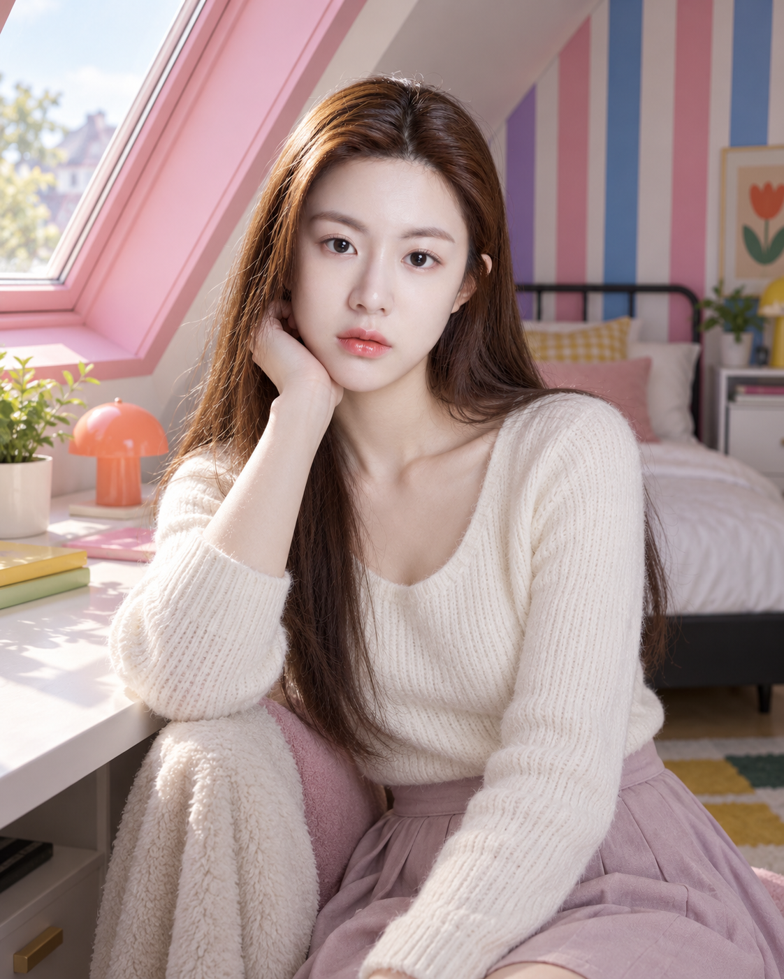 Colorful Realistic Portrait in an Attic Bedroom