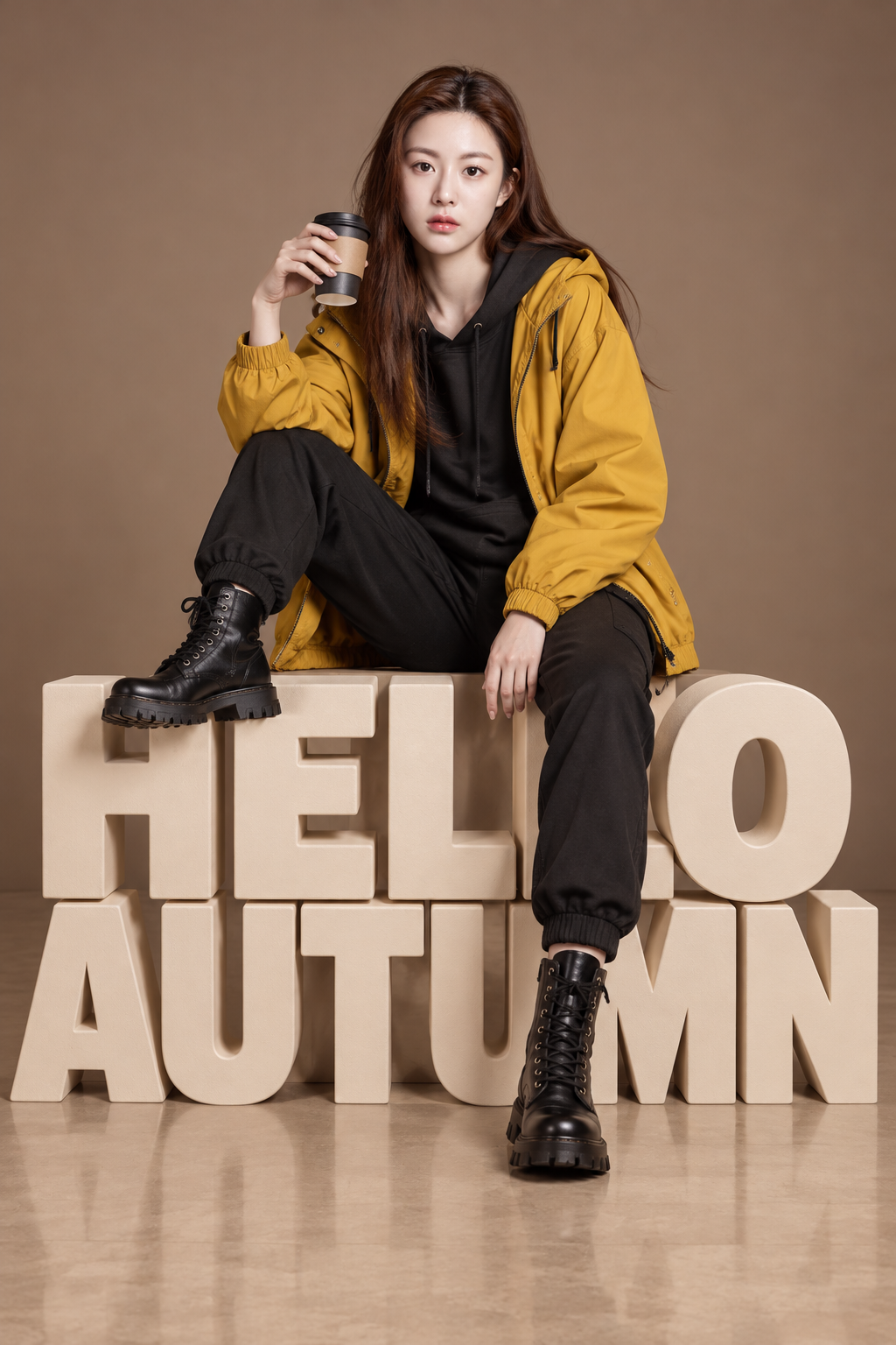 Chân dung studio thời trang mùa thu với chữ nổi HELLO AUTUMN