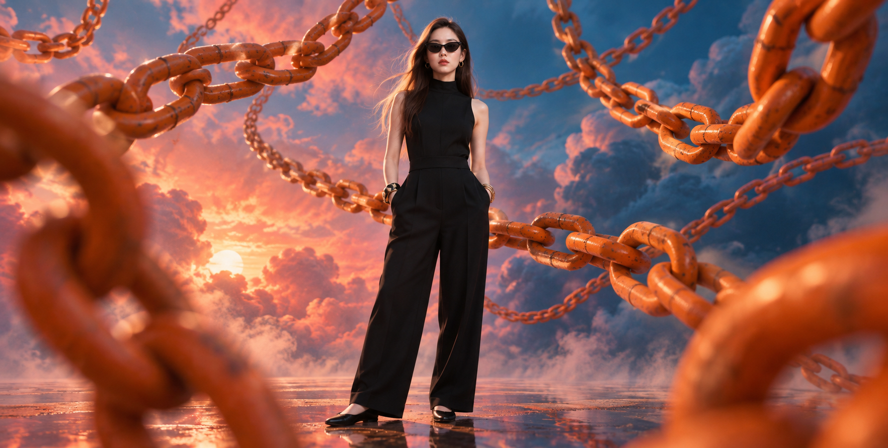 橙色链条环绕的超现实成年女性时装肖像 — AI image creation