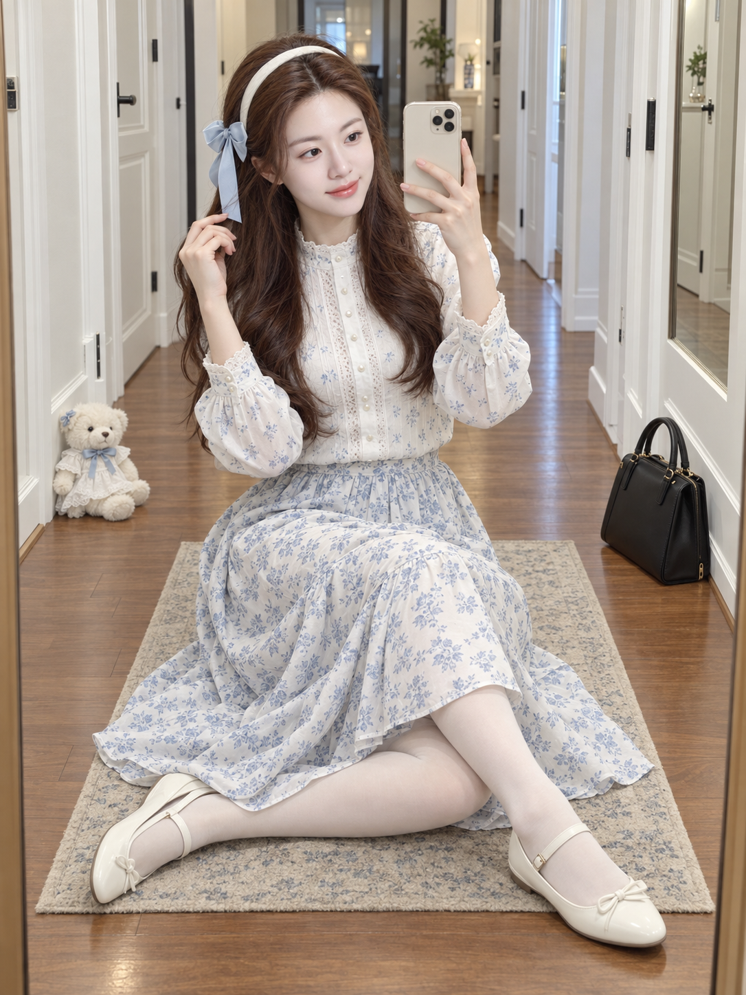 成年女性青白花纹走廊镜前自拍 — AI image creation