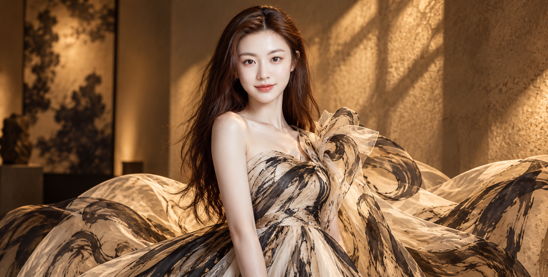 暖色画廊中书法笔触织物礼服的艺术高定肖像 — AI image creation