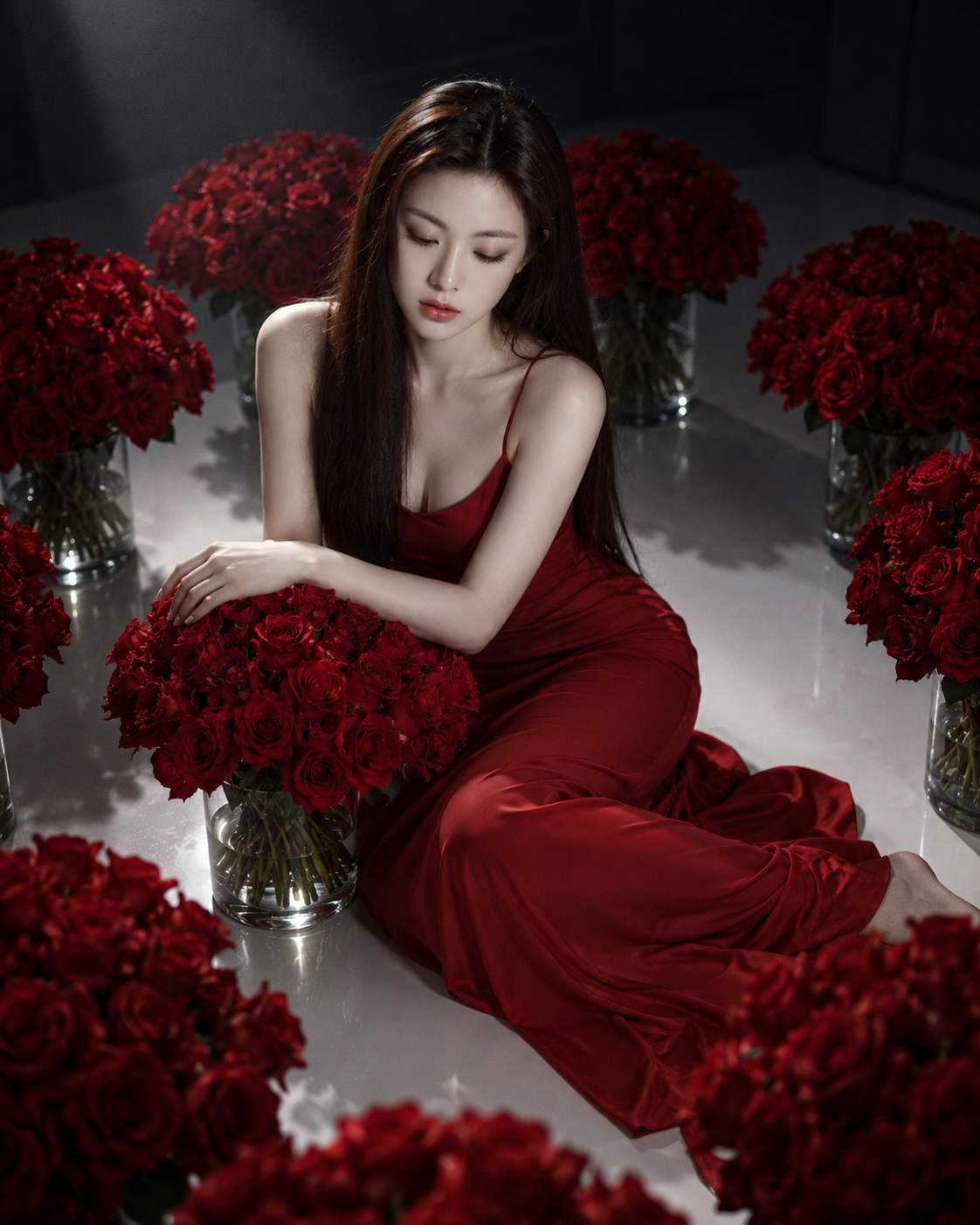 红玫瑰环绕的暗调红裙肖像 — AI image creation