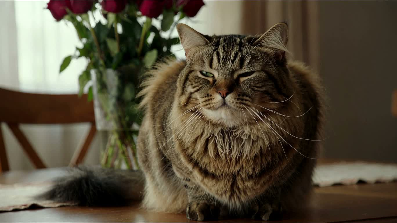 玫瑰旁会说话的棕色虎斑猫 — AI video creation