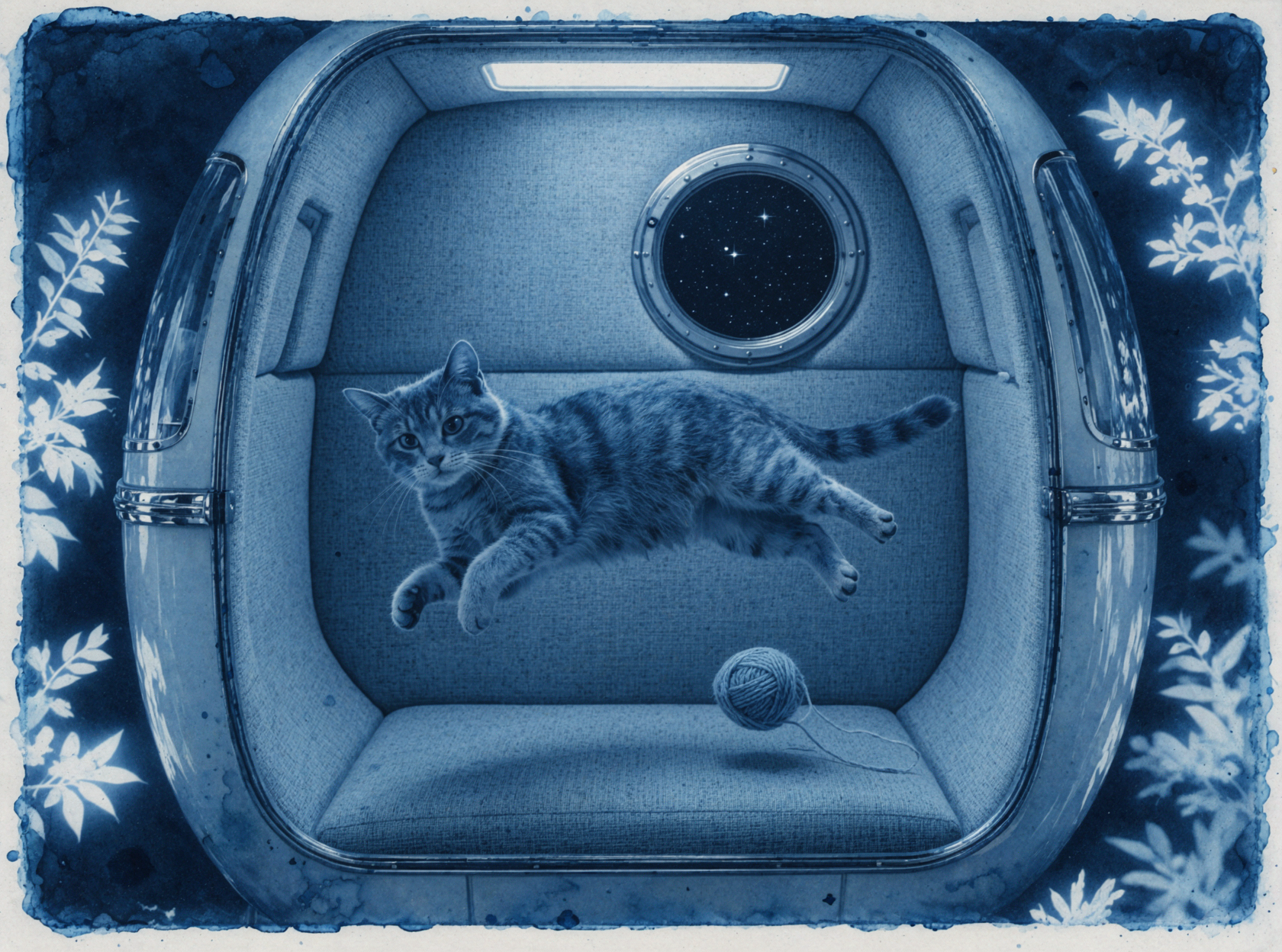 Capsule spatiale du chat · Art cyanotype