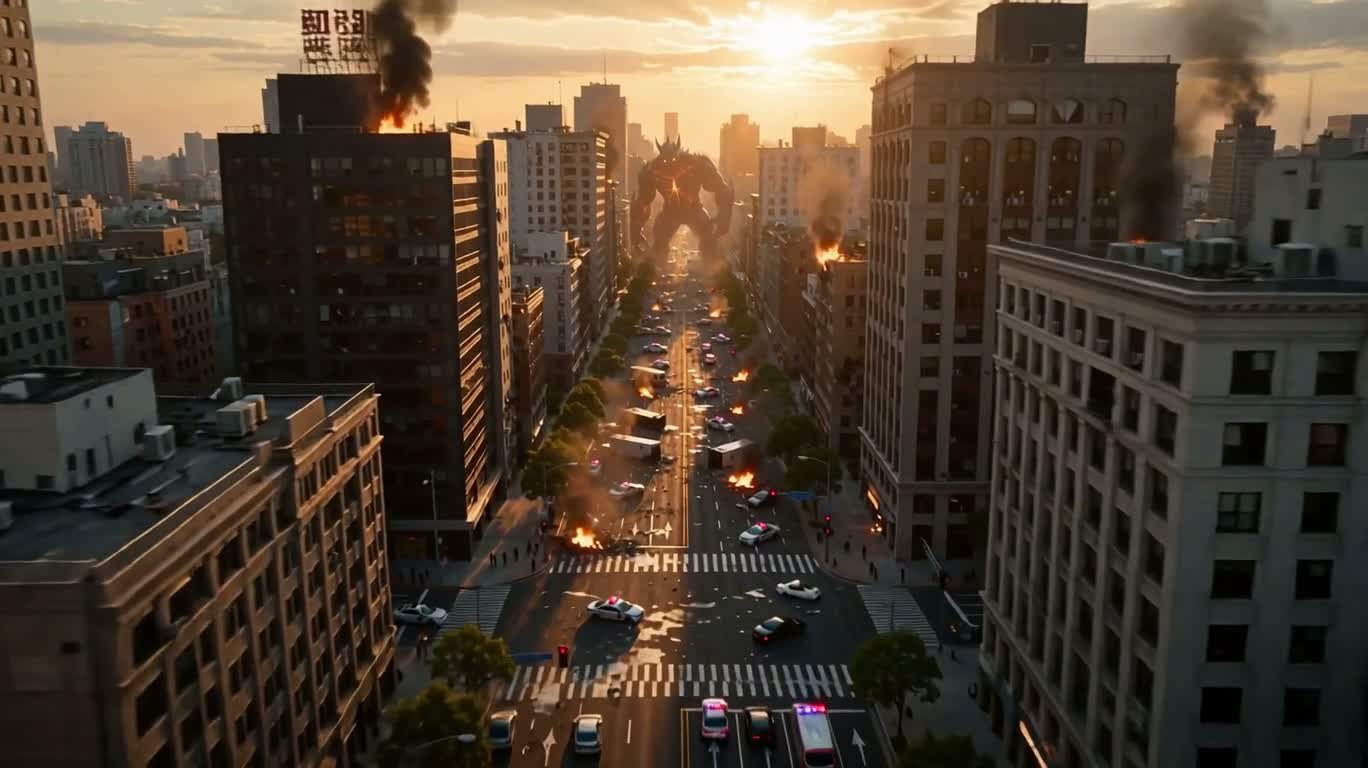 熔岩巨兽之战:末日城市中的女英雄 — AI video creation