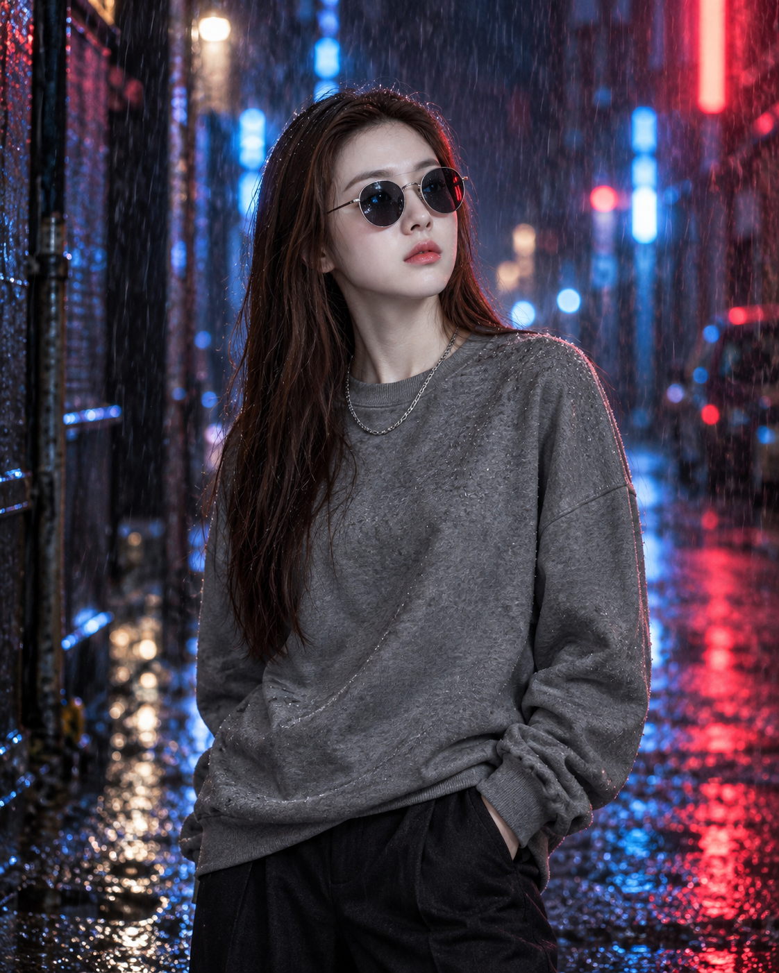 雨夜蓝红霓虹巷道中的电影感人像 — AI image creation