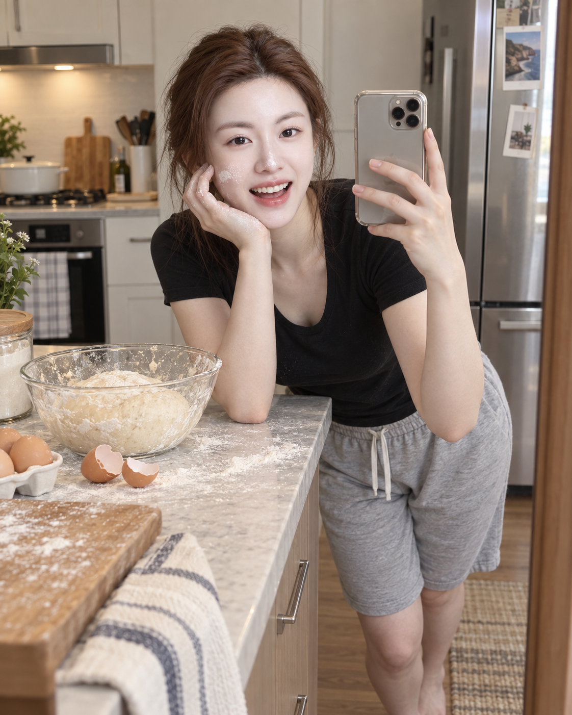 凌乱厨房里沾着面粉的成年女性镜面自拍 — AI image creation
