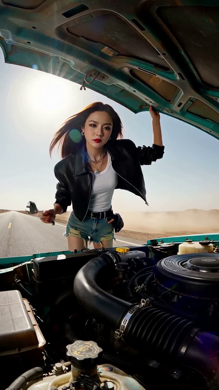 沙漠朋克机械师与复古跑车 — AI video creation