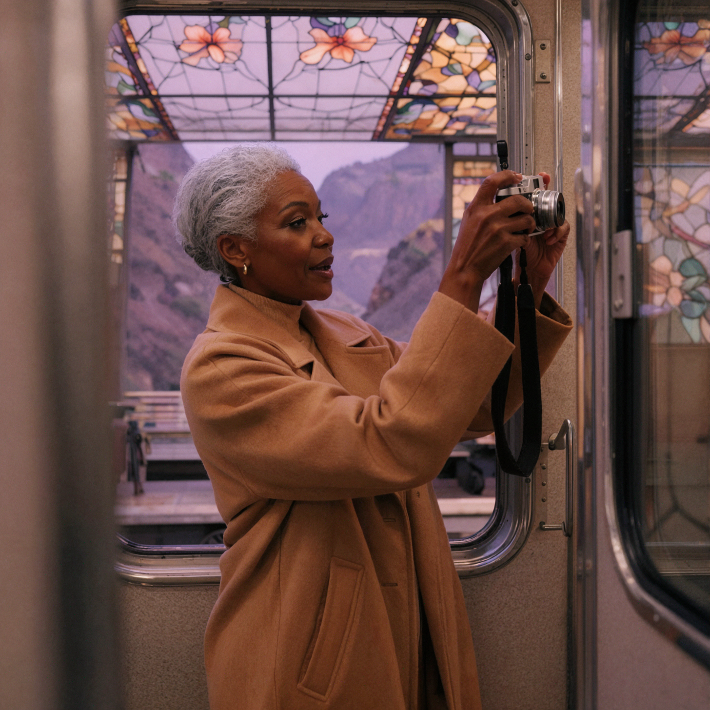 Voyageuse africaine aux cheveux argentés · Portrait à la fenêtre de montagne · Instantané de rue