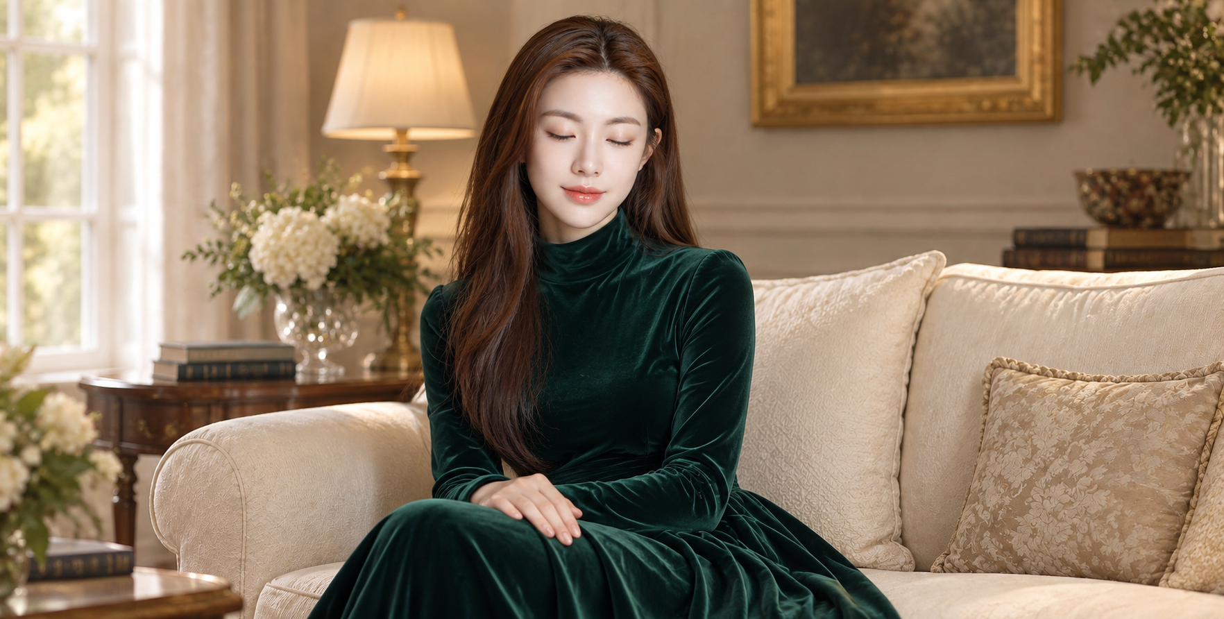 Mẫu chân dung quý phái lười biếng của người phụ nữ trưởng thành trong trang phục dạ hội