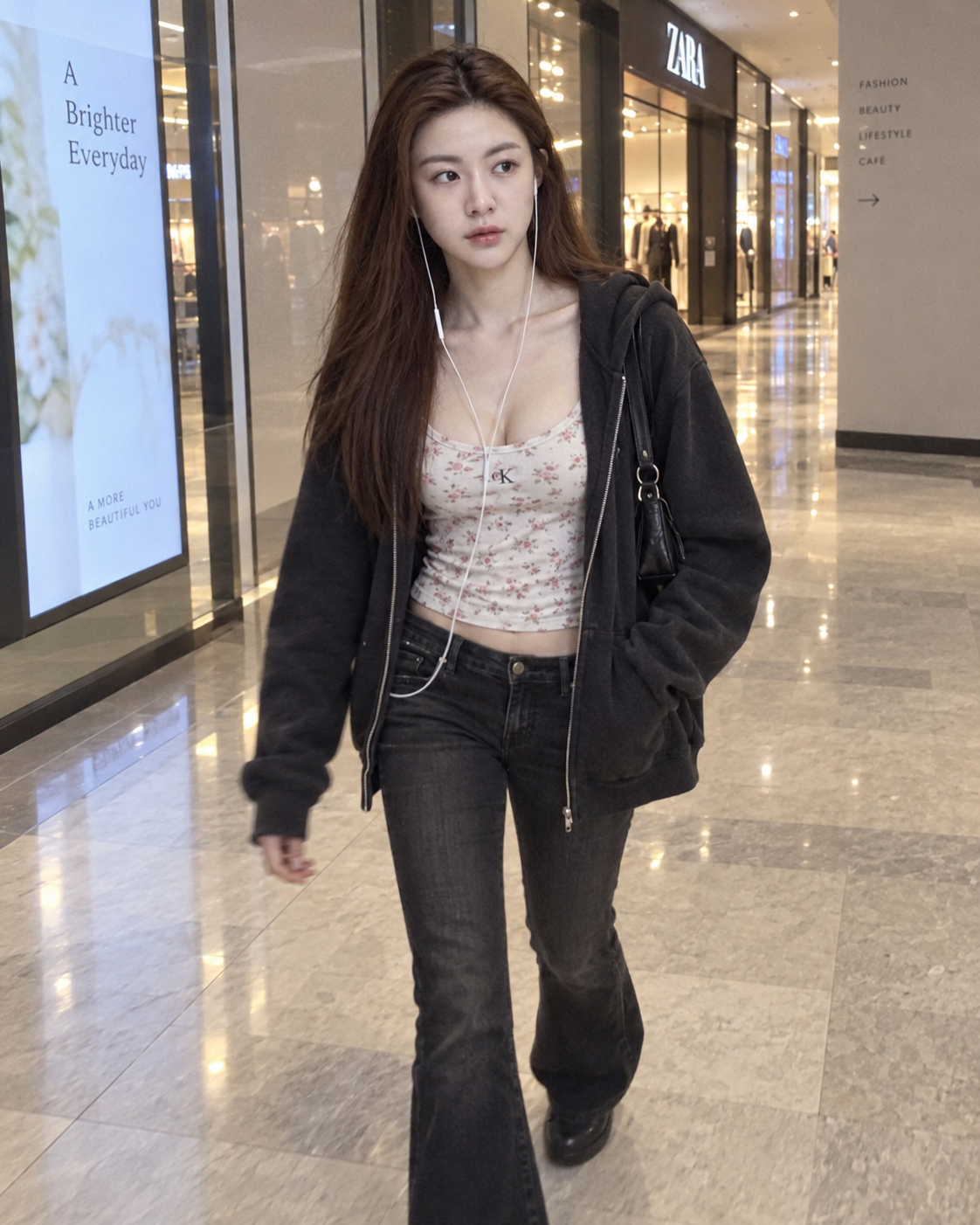 Ảnh chụp đường phố thời trang Y2K người lớn trong trung tâm thương mại hiện đại