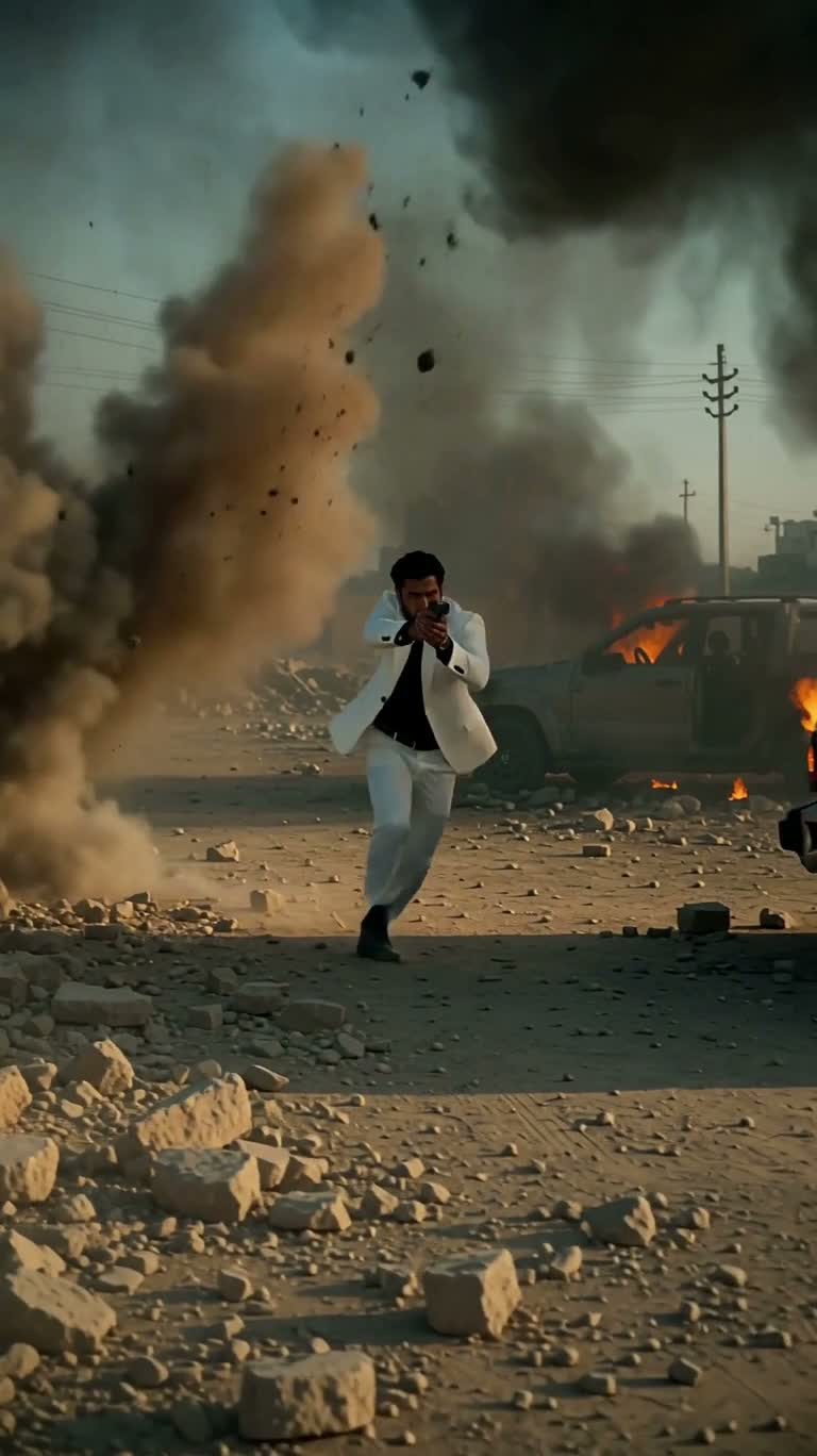 废墟战场中的白衣枪手 — AI video creation