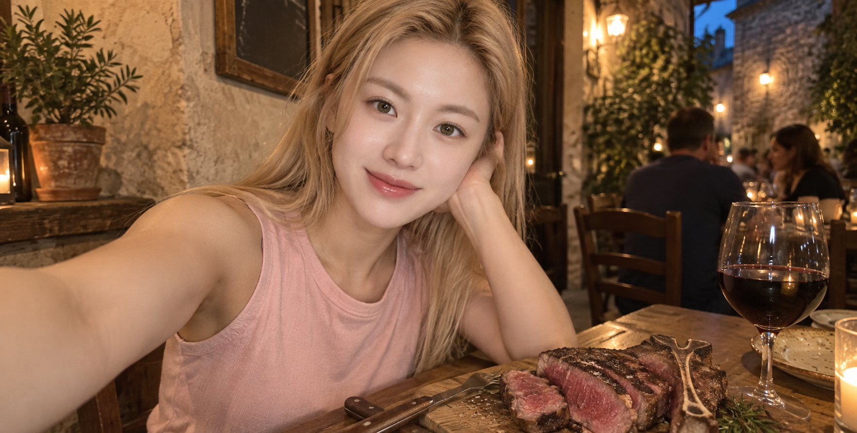 傍晚意式小酒馆里的成年女性牛排自拍 — AI image creation
