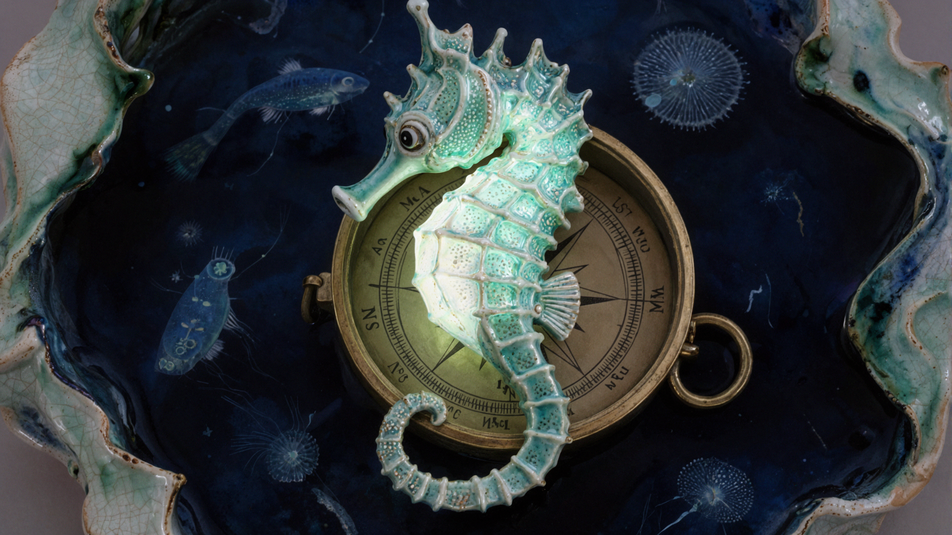 Светящийся морской конёк · Керамическая глазурь — AI image creation