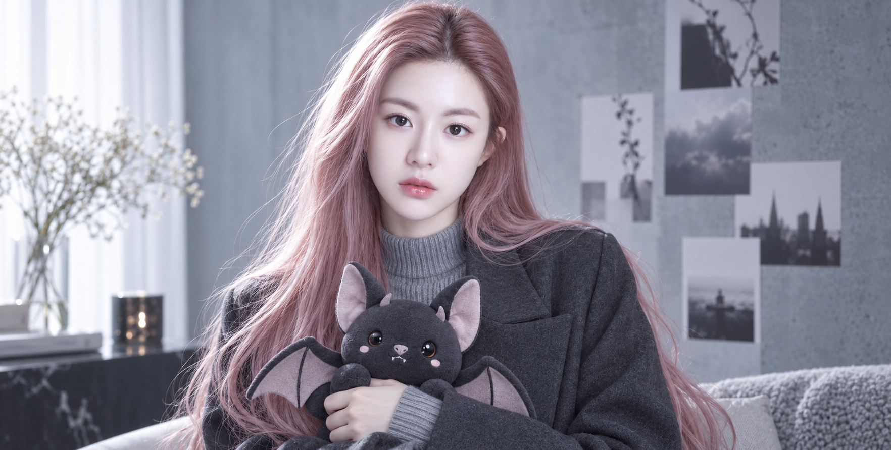 Cool-toned adult influencer portrait with fictional bat-themed plush — AI image creation
