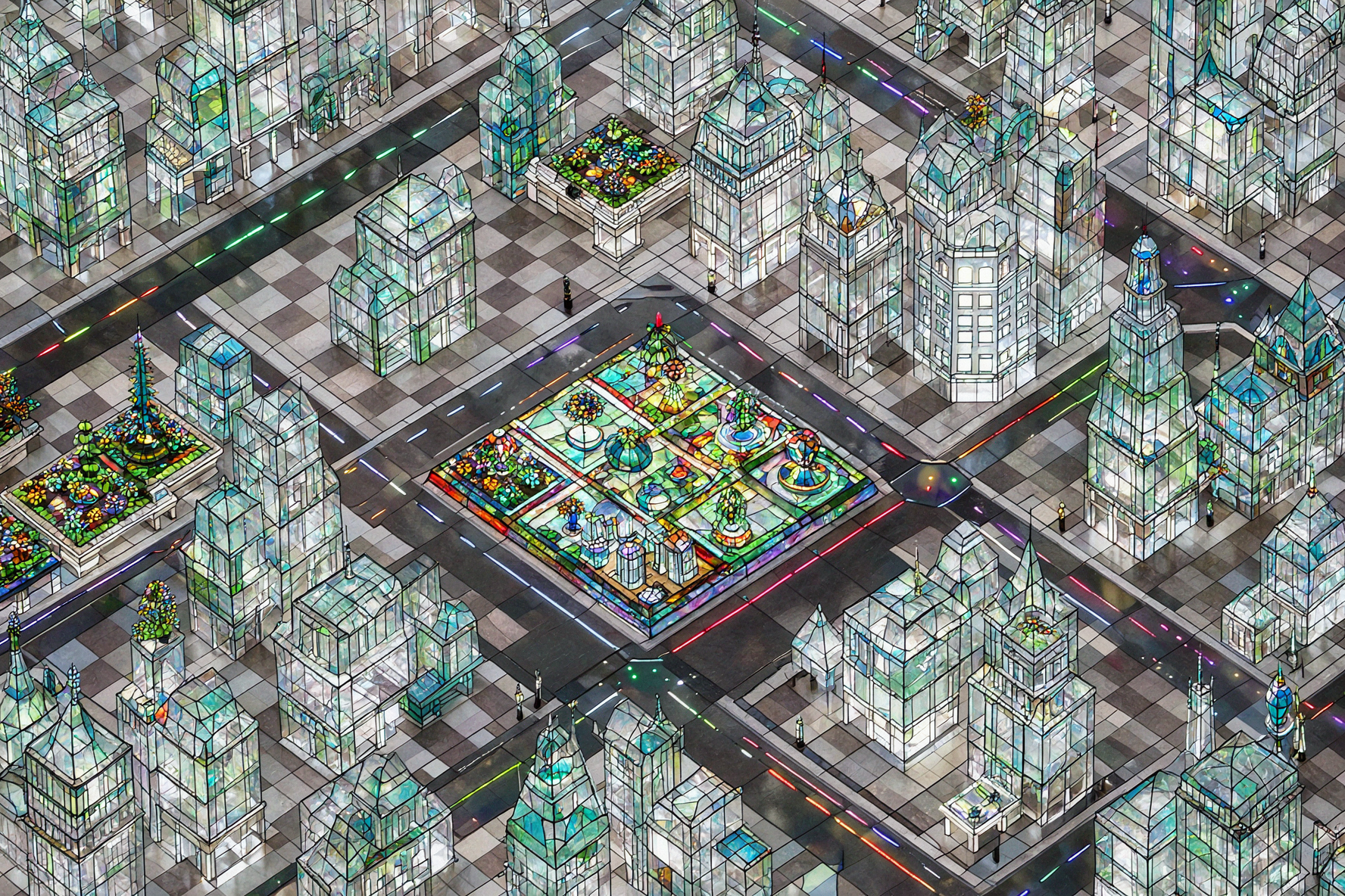 Квартал стеклянной шахматной доски · Витраж — AI image creation