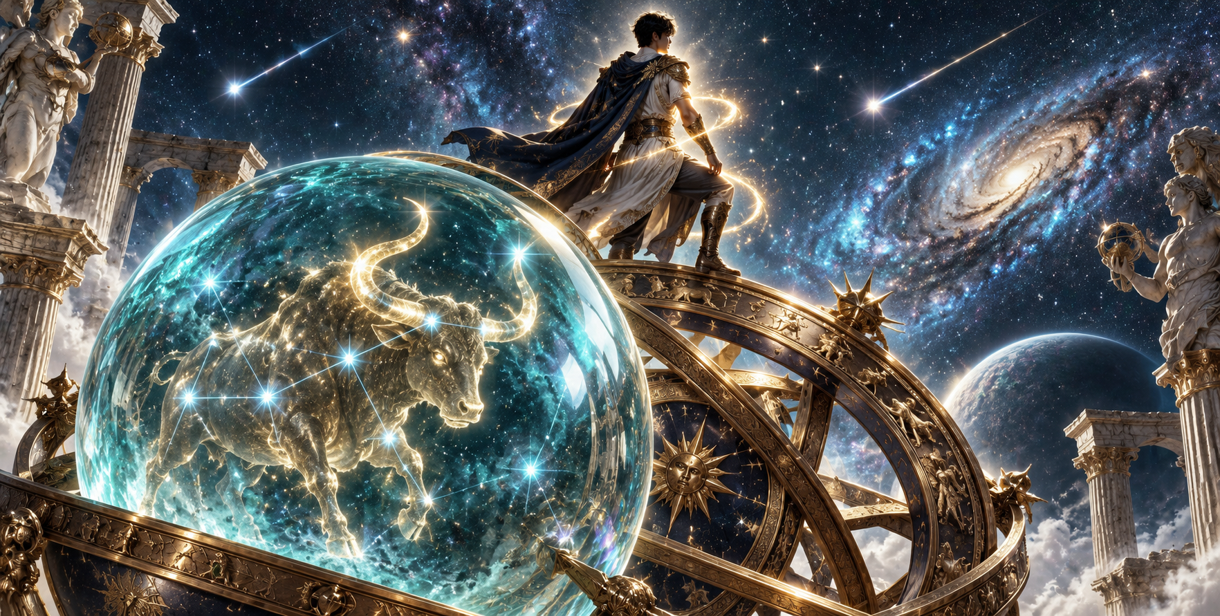 浑天仪与水色球体中的金牛神话 — AI image creation
