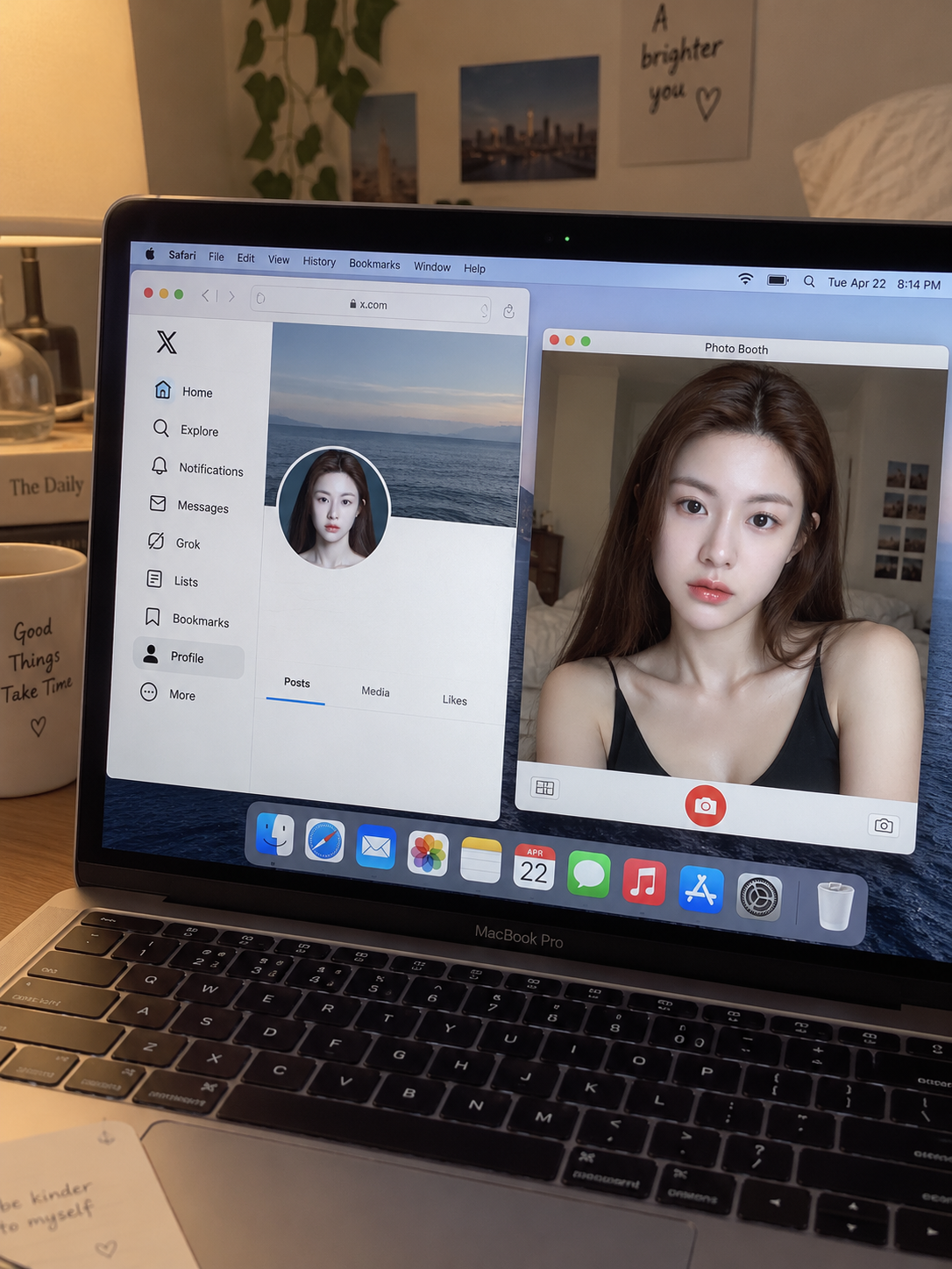 MacBook Pro 소셜 프로필과 웹캠 셀피 장면